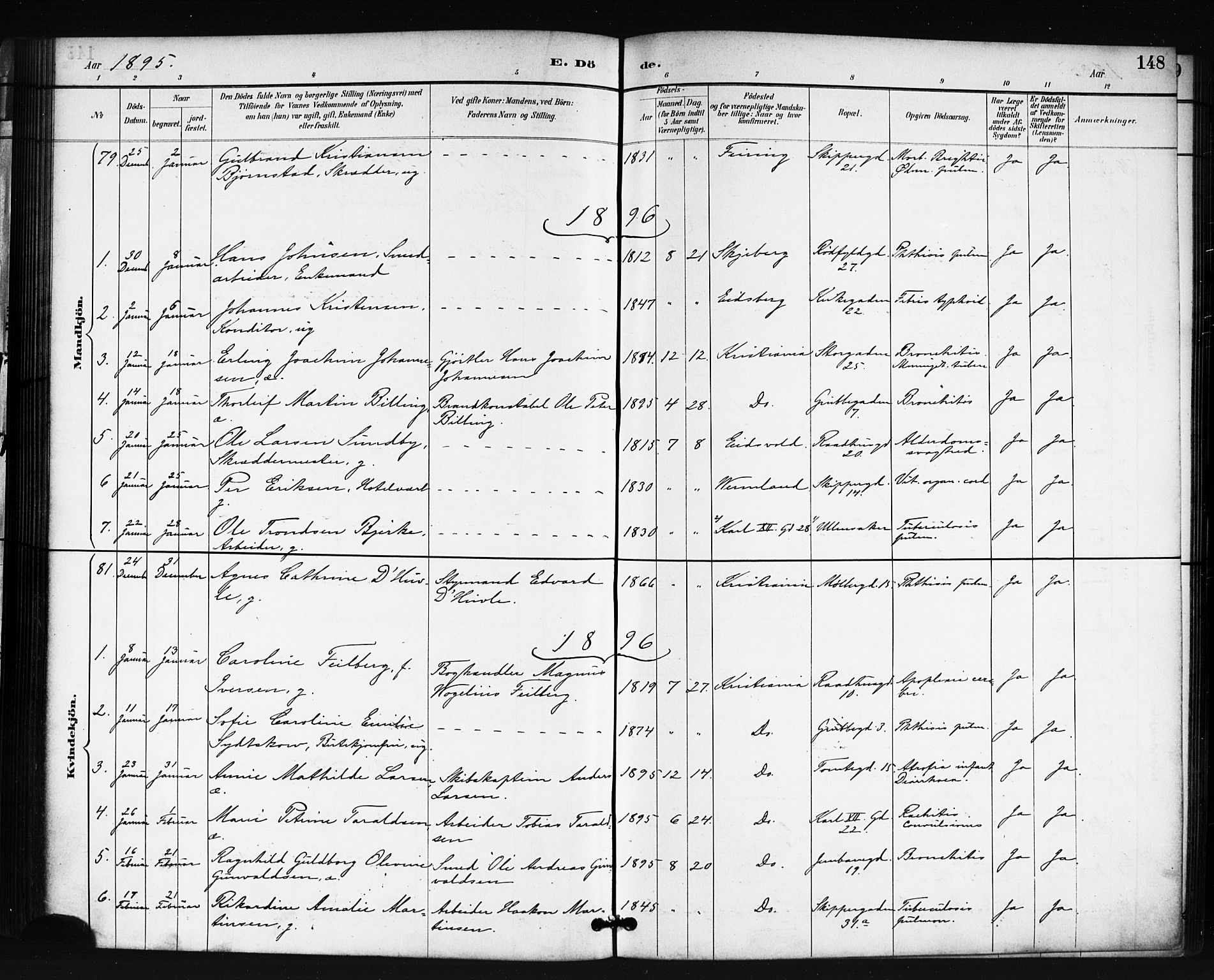 Oslo domkirke Kirkebøker, SAO/A-10752/F/Fa/L0035: Parish register (official) no. 35, 1885-1901, p. 148