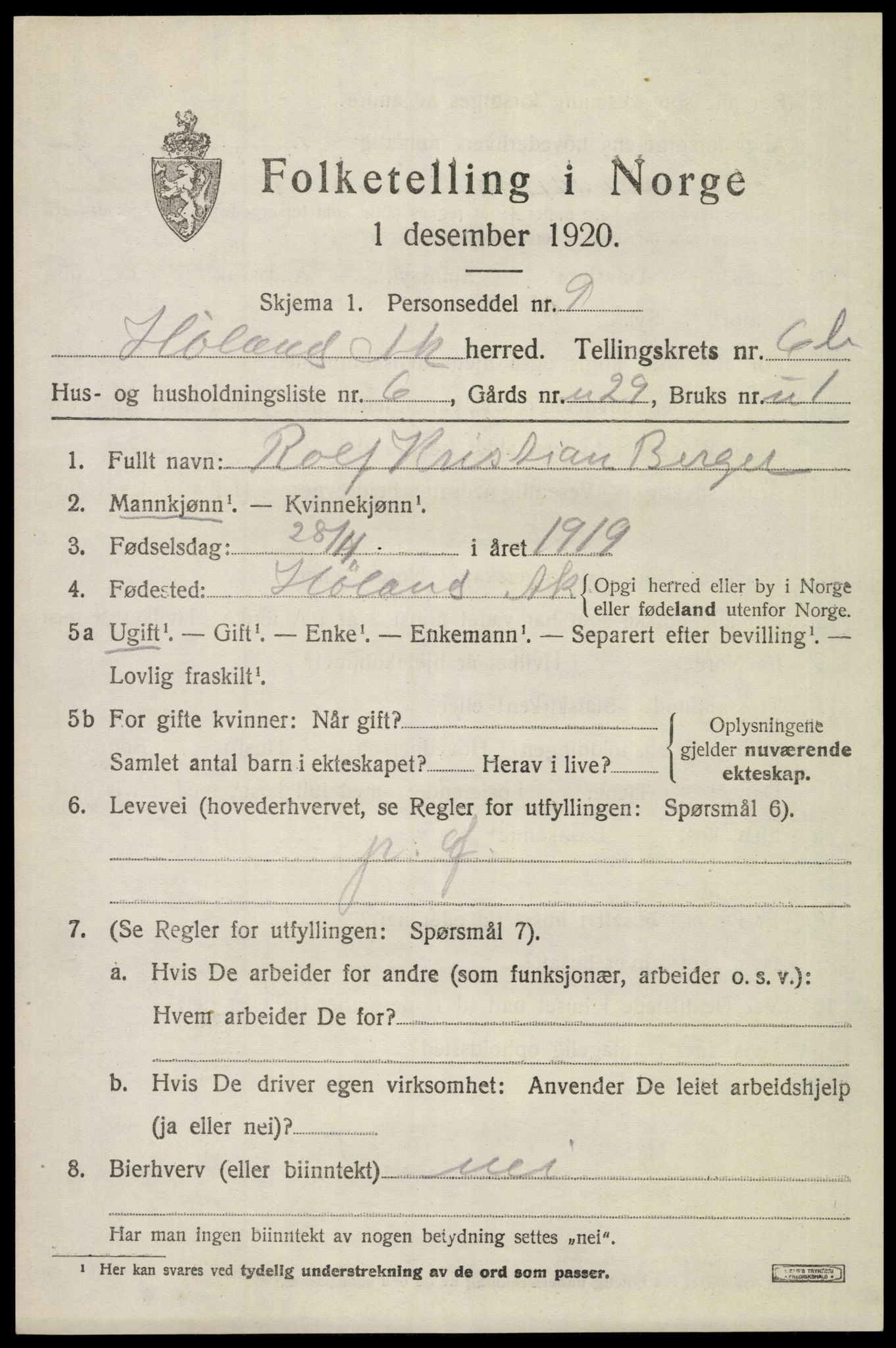 SAO, 1920 census for Høland, 1920, p. 9089