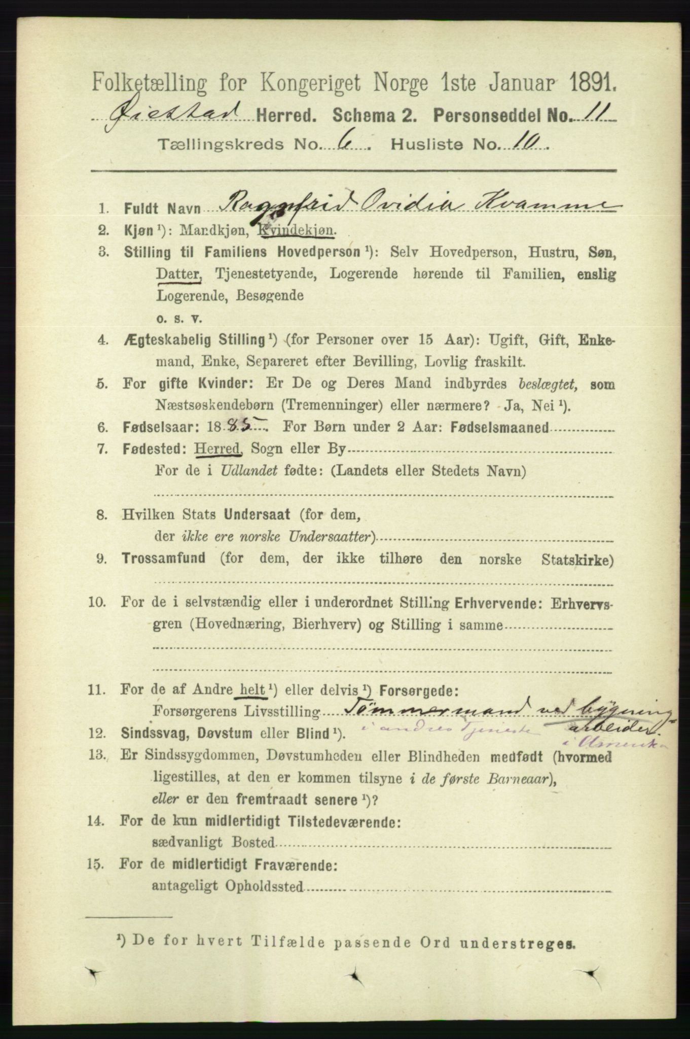 RA, 1891 census for 0920 Øyestad, 1891, p. 2191