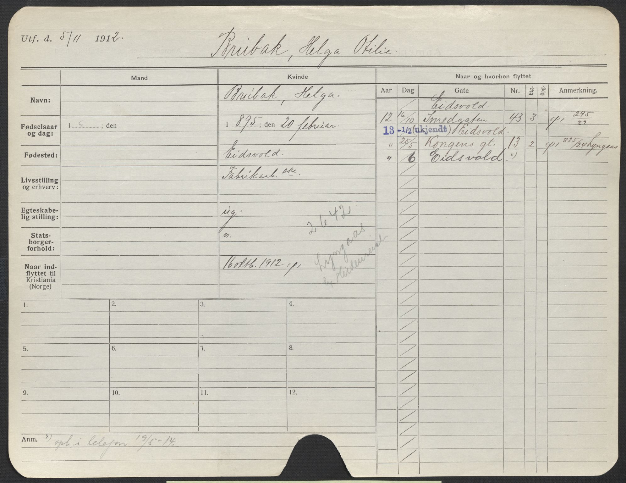 Oslo folkeregister, Registerkort, AV/SAO-A-11715/F/Fa/Fac/L0013: Kvinner, 1906-1914, p. 874a