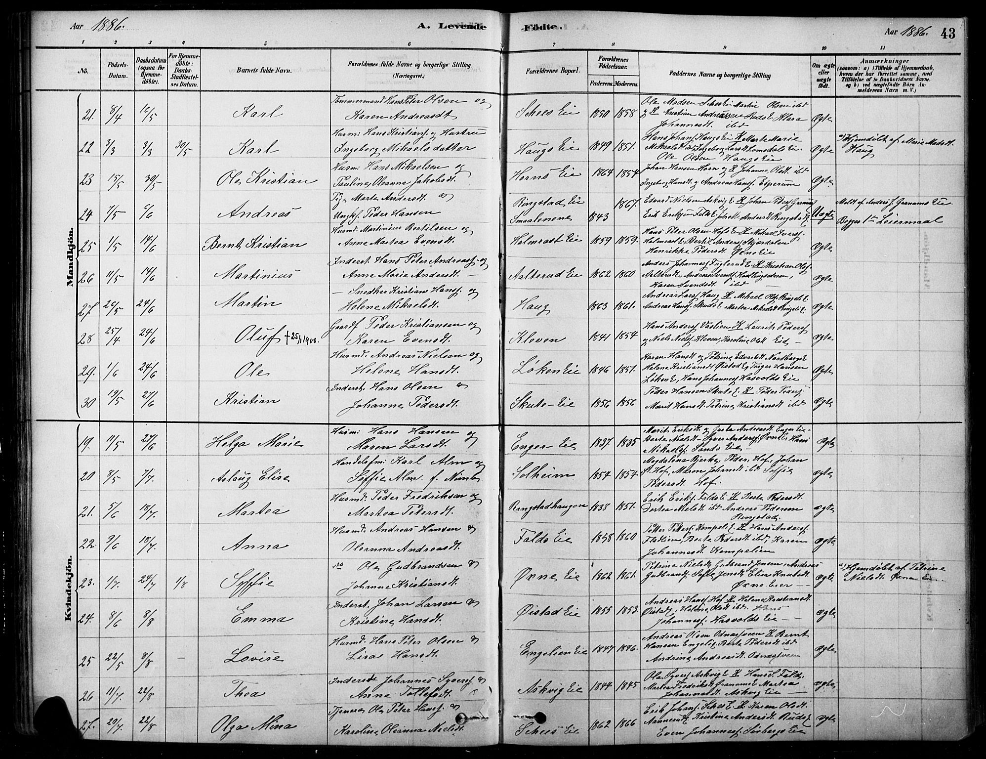 Søndre Land prestekontor, AV/SAH-PREST-122/K/L0003: Parish register (official) no. 3, 1878-1894, p. 43