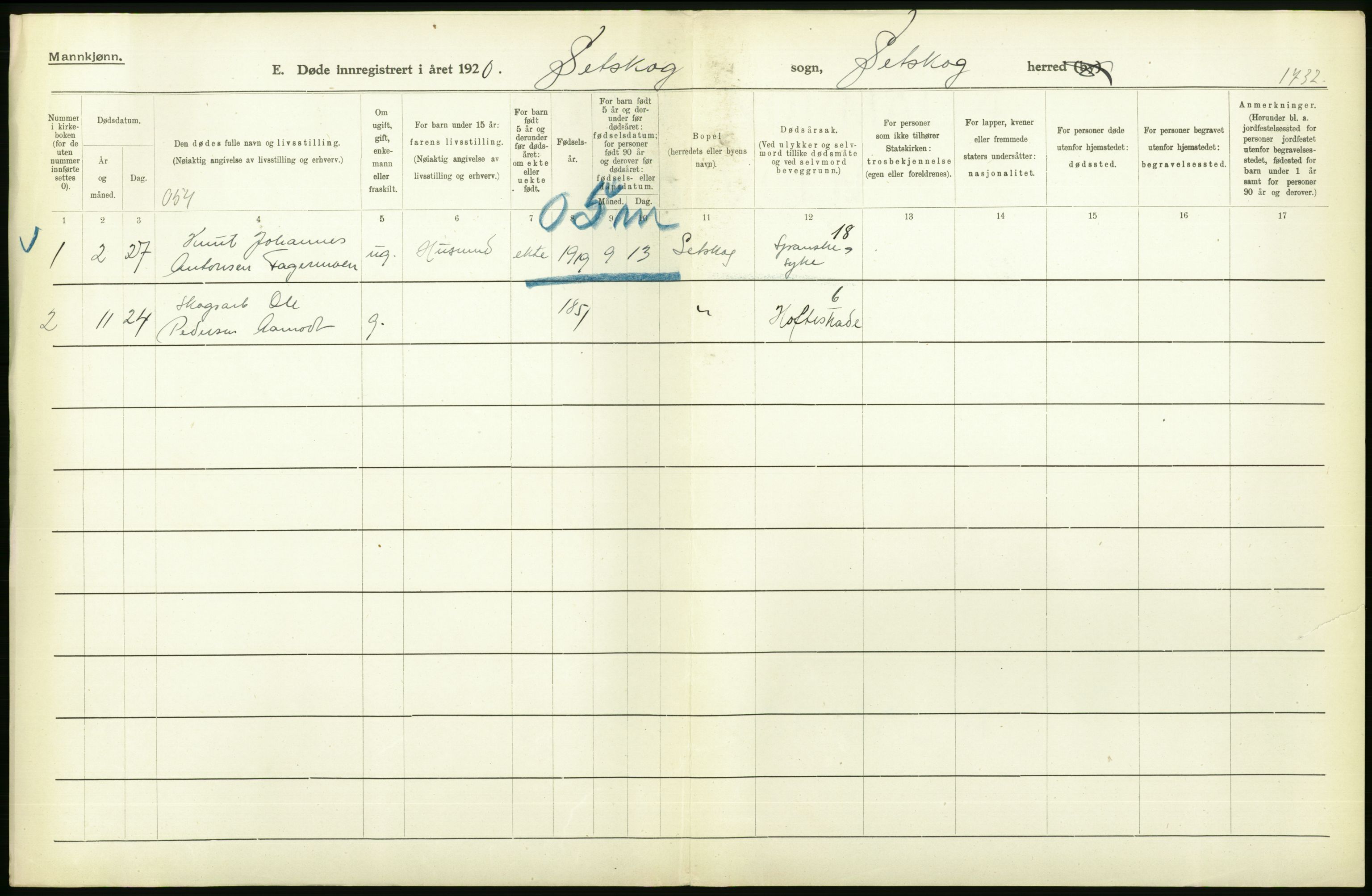 Statistisk sentralbyrå, Sosiodemografiske emner, Befolkning, RA/S-2228/D/Df/Dfb/Dfbj/L0007: Akershus fylke: Døde. Bygder og byer., 1920, p. 152