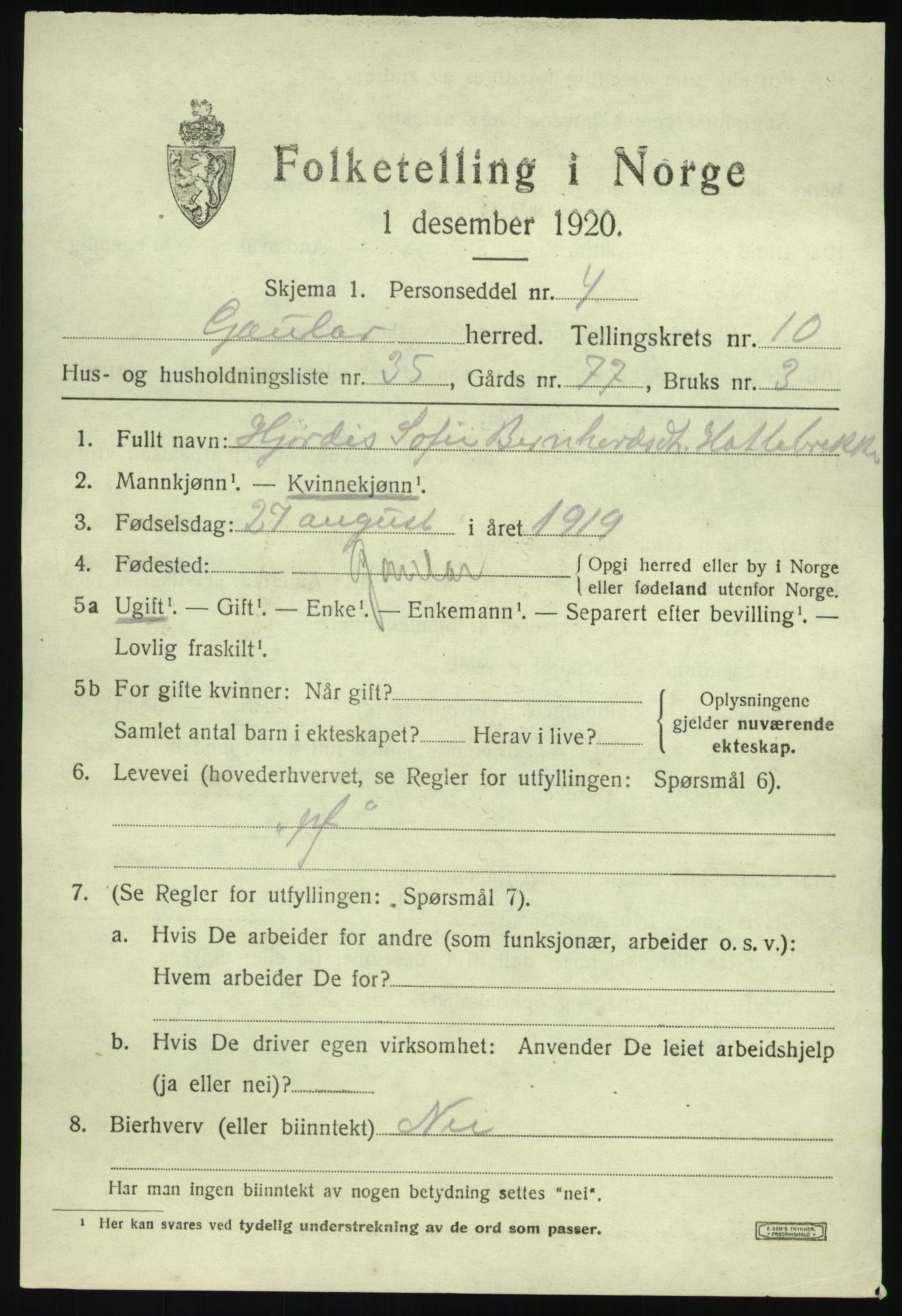 SAB, 1920 census for Gaular, 1920, p. 5142