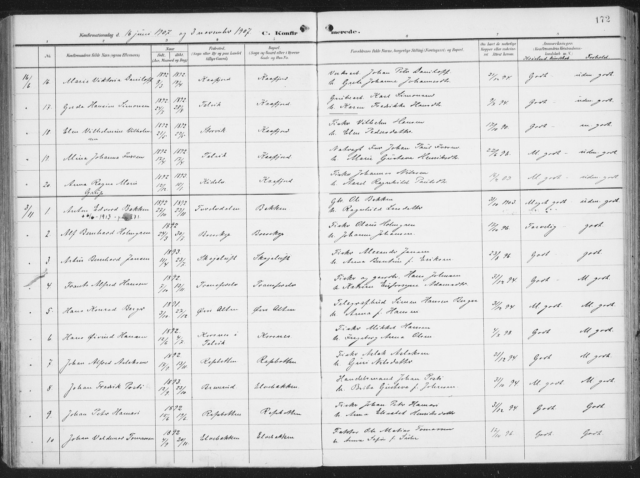 Alta sokneprestkontor, AV/SATØ-S-1338/H/Ha/L0005.kirke: Parish register (official) no. 5, 1904-1918, p. 172