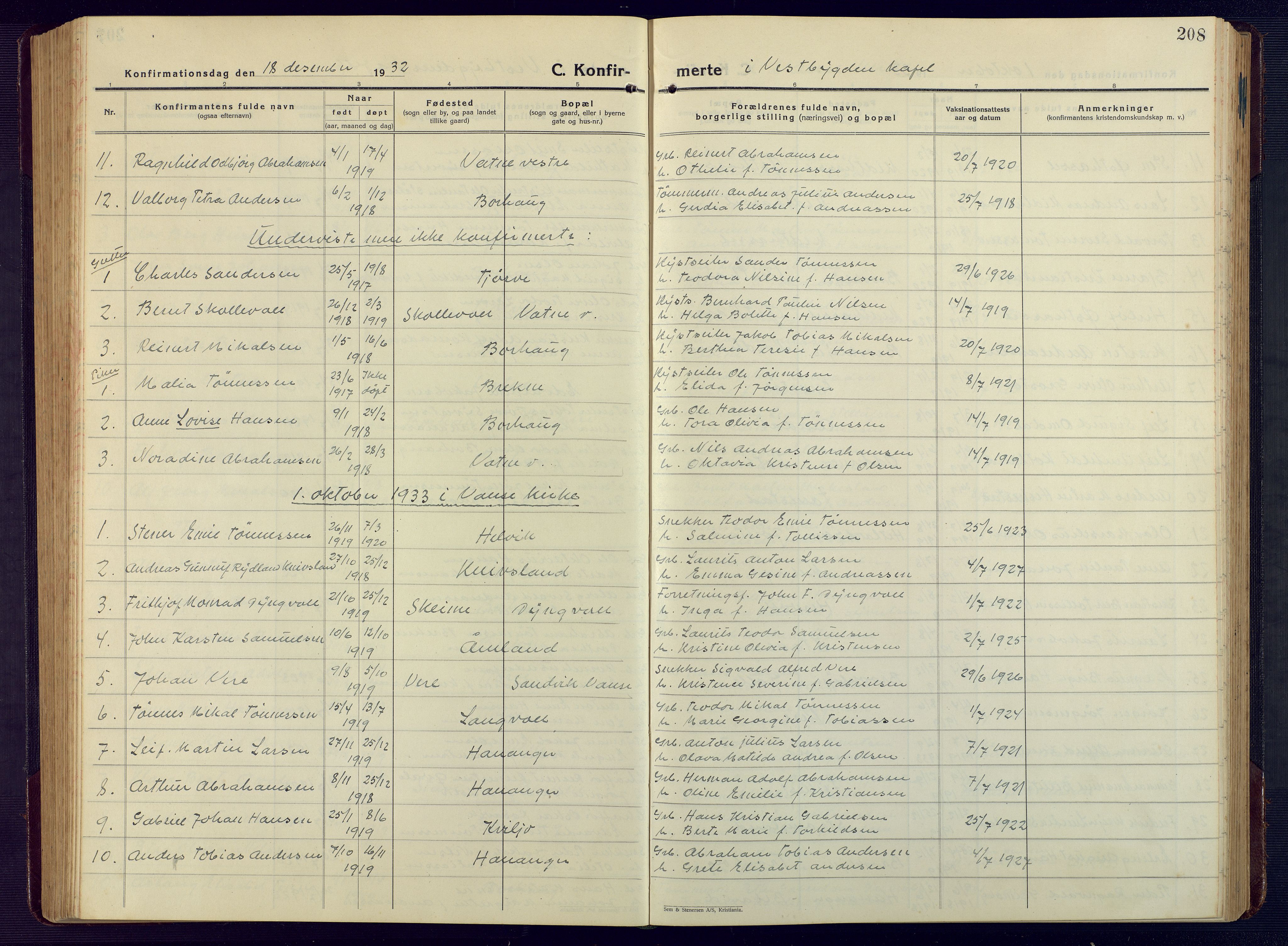 Lista sokneprestkontor, AV/SAK-1111-0027/F/Fb/L0006: Parish register (copy) no. B 6, 1924-1947, p. 208