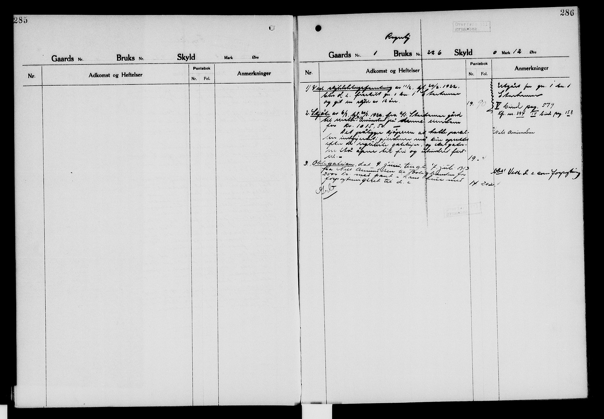 Nord-Hedmark sorenskriveri, SAH/TING-012/H/Ha/Had/Hade/L0006: Mortgage register no. 4.6, 1920-1940, p. 285-286