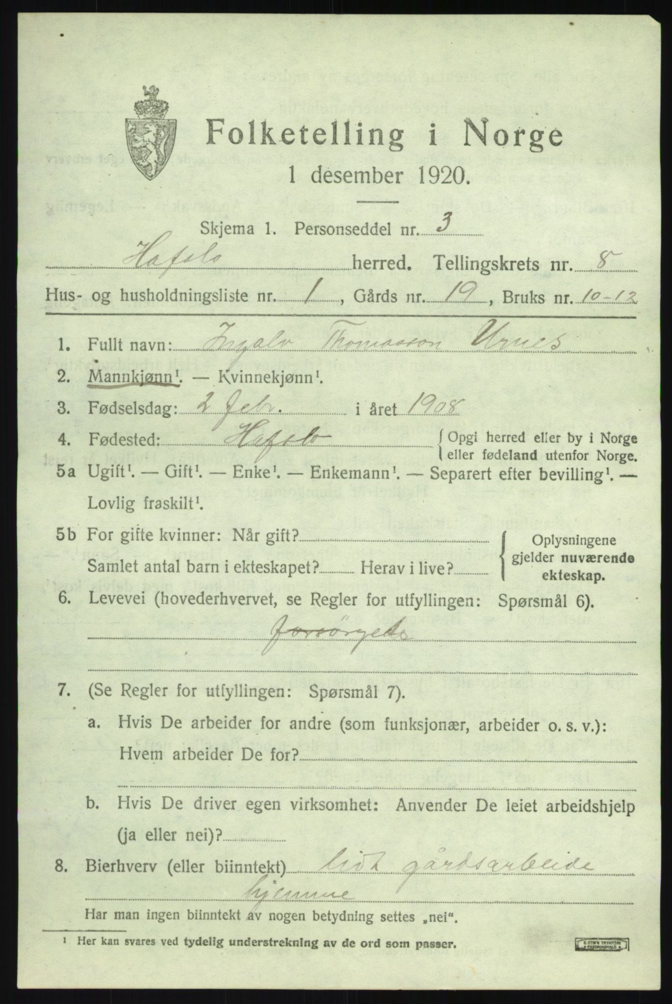 SAB, 1920 census for Hafslo, 1920, p. 5652