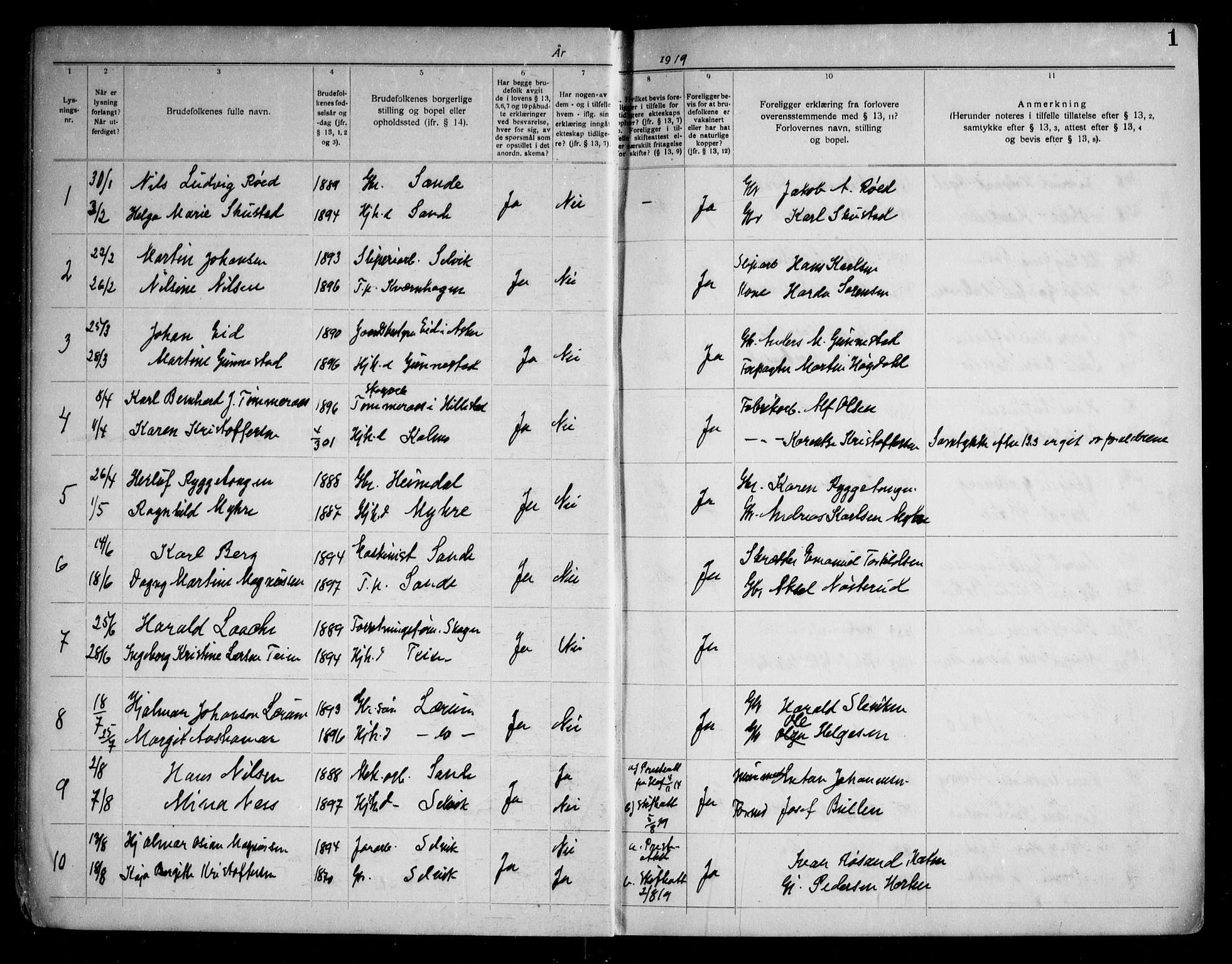 Sande Kirkebøker, SAKO/A-53/H/Ha/L0001: Banns register no. 1, 1919-1953, p. 1