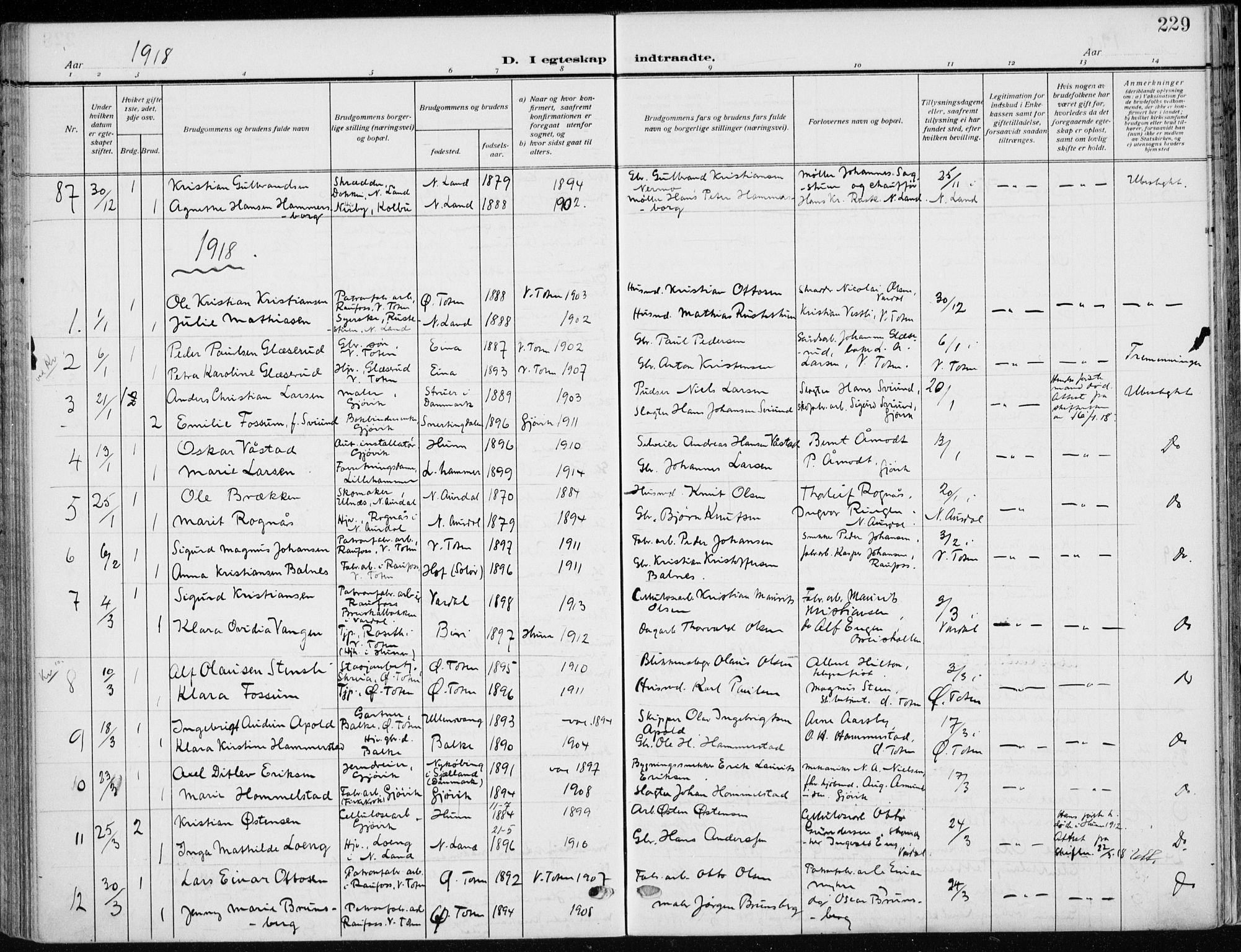 Vardal prestekontor, AV/SAH-PREST-100/H/Ha/Haa/L0014: Parish register (official) no. 14, 1912-1922, p. 229