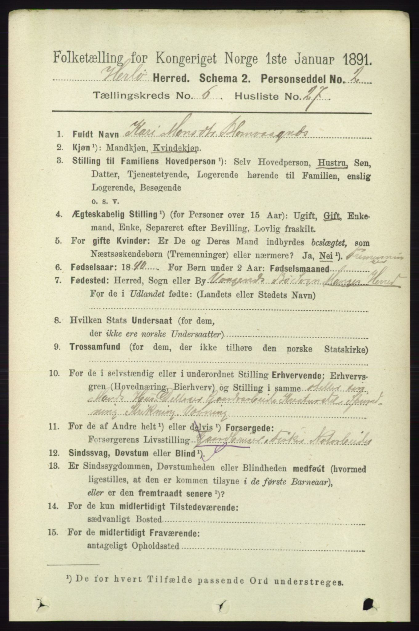 RA, 1891 census for 1258 Herdla, 1891, p. 2810