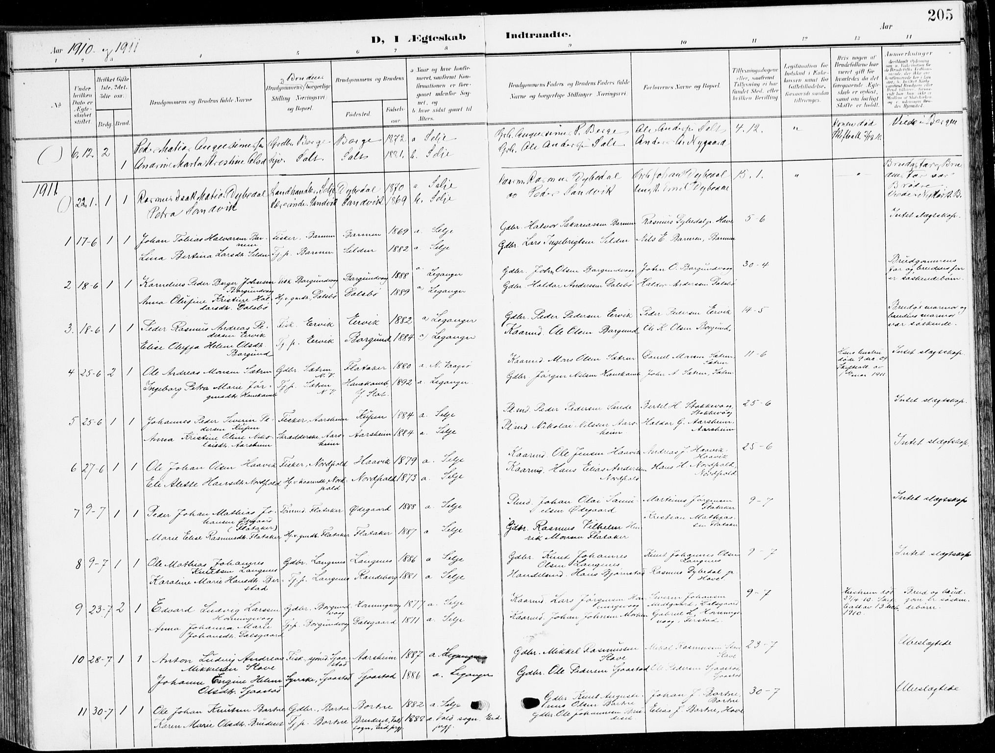Selje sokneprestembete, SAB/A-99938/H/Ha/Haa/Haab: Parish register (official) no. B 3, 1908-1923, p. 205