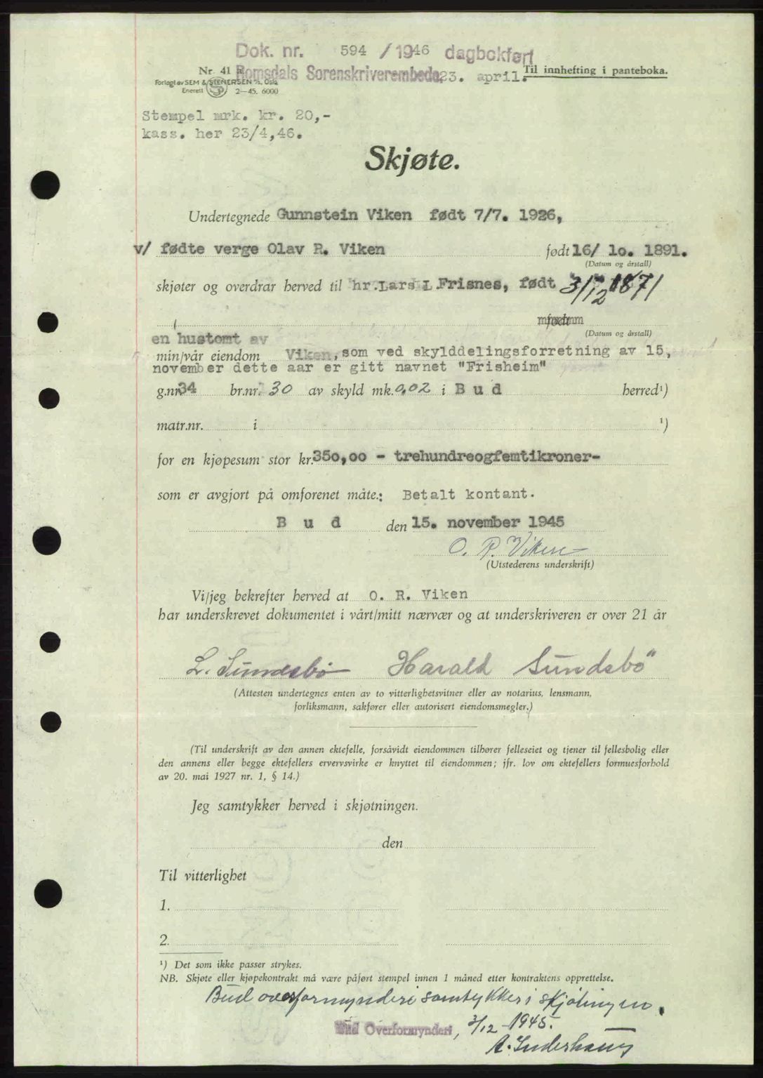 Romsdal sorenskriveri, SAT/A-4149/1/2/2C: Mortgage book no. A19, 1946-1946, Diary no: : 594/1946