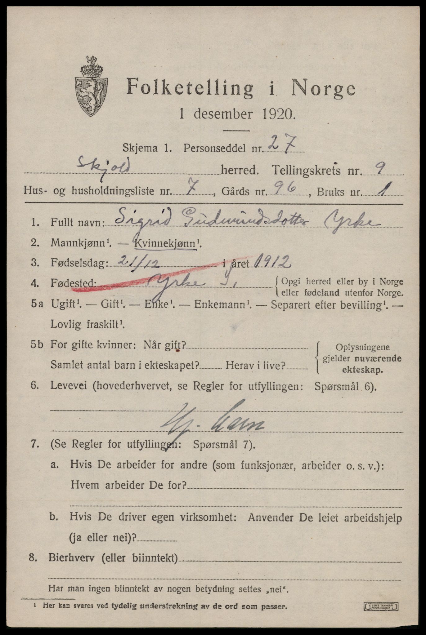 SAST, 1920 census for Skjold, 1920, p. 4438