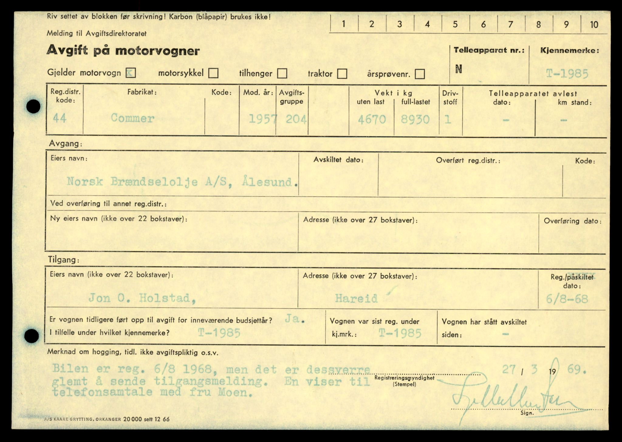 Møre og Romsdal vegkontor - Ålesund trafikkstasjon, AV/SAT-A-4099/F/Fe/L0017: Registreringskort for kjøretøy T 1985 - T 10090, 1927-1998, p. 17