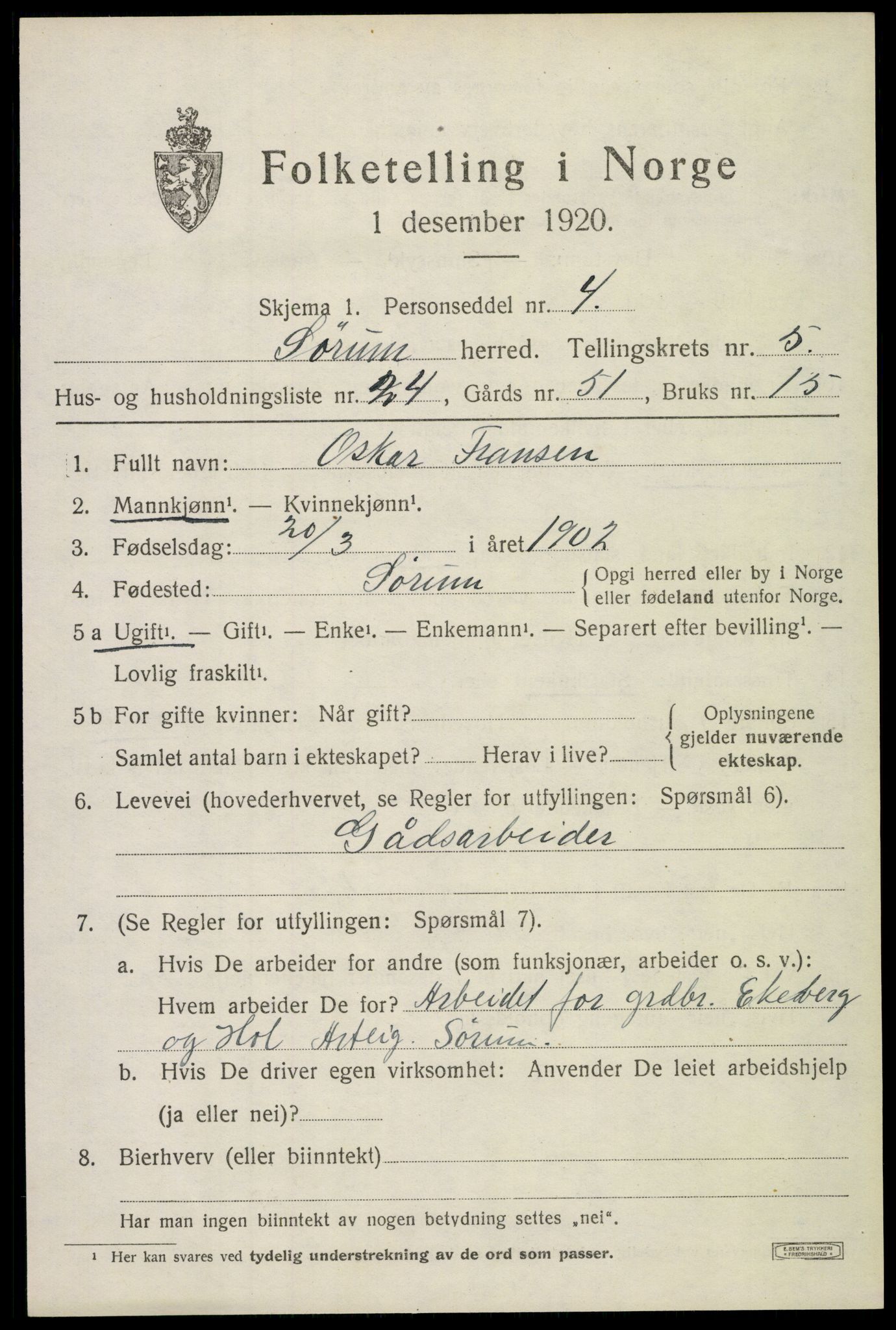SAO, 1920 census for Sørum, 1920, p. 4885