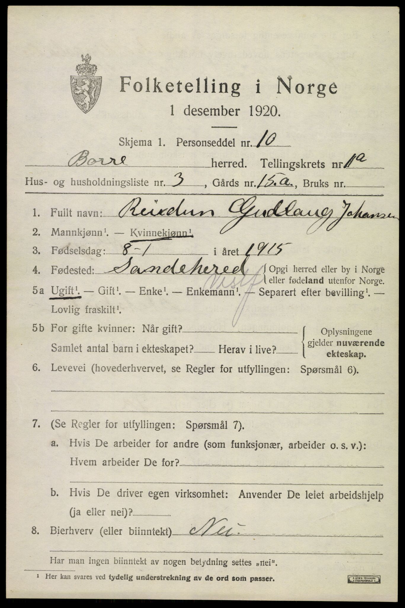 SAKO, 1920 census for Borre, 1920, p. 1426
