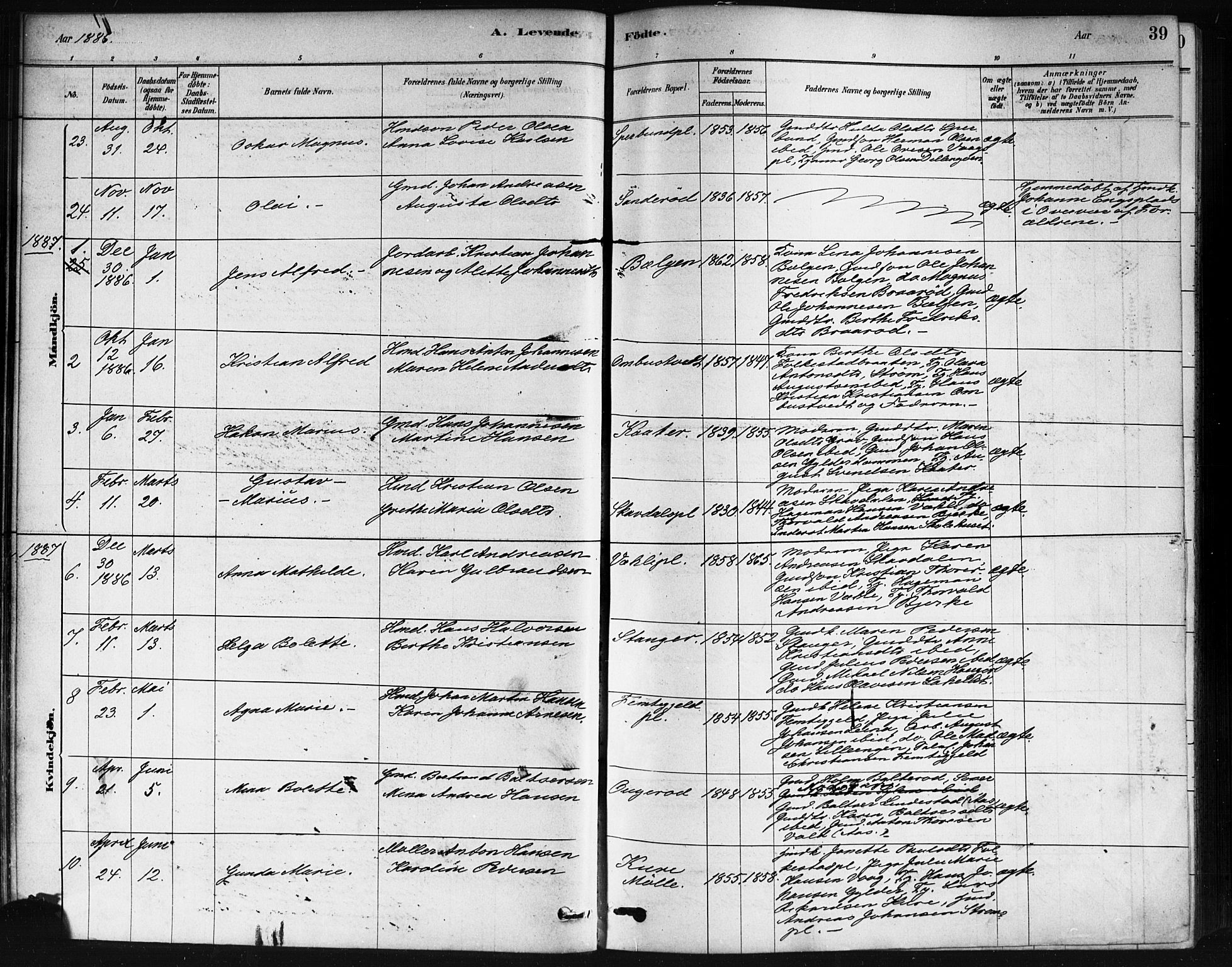 Våler prestekontor Kirkebøker, AV/SAO-A-11083/F/Fa/L0010: Parish register (official) no. I 10, 1878-1896, p. 39