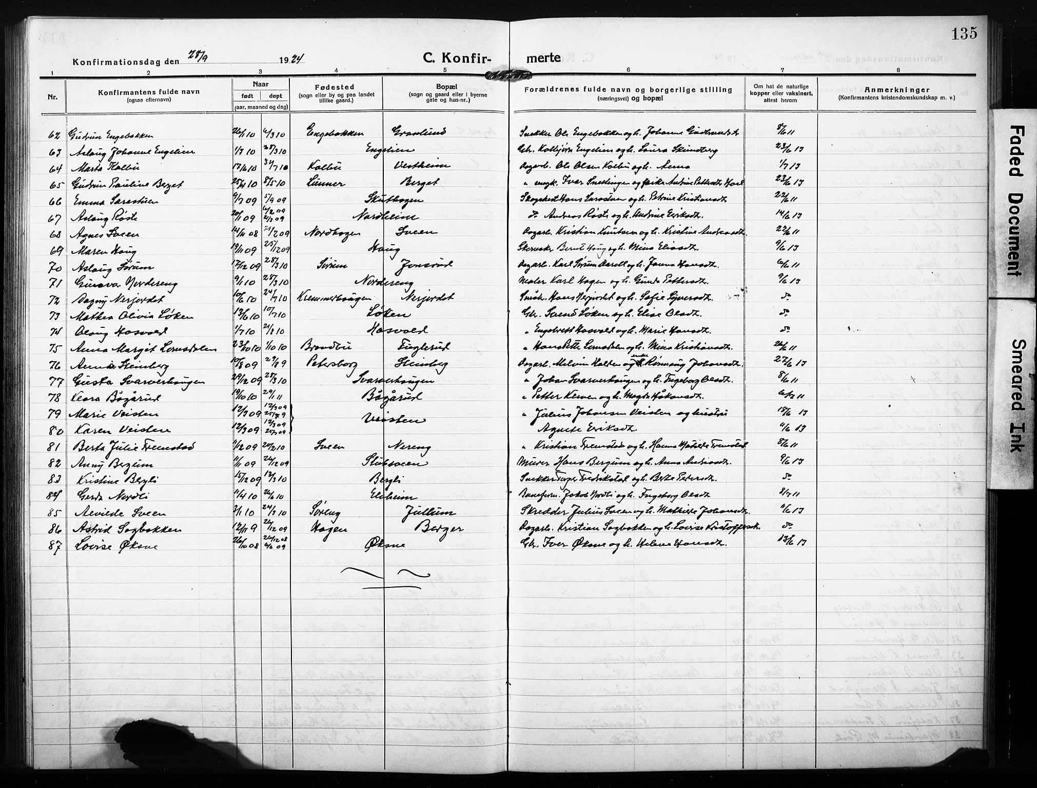 Søndre Land prestekontor, SAH/PREST-122/L/L0007: Parish register (copy) no. 7, 1915-1932, p. 135