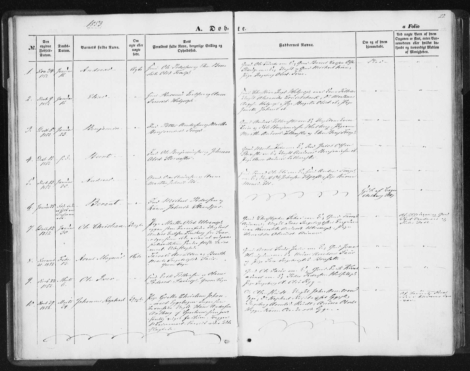 Ministerialprotokoller, klokkerbøker og fødselsregistre - Nord-Trøndelag, SAT/A-1458/746/L0446: Parish register (official) no. 746A05, 1846-1859, p. 22