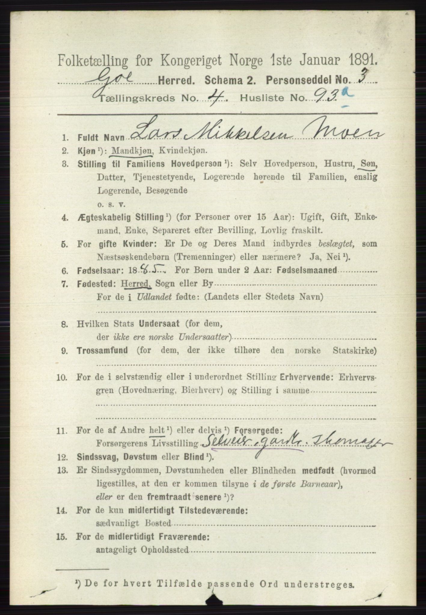 RA, 1891 census for 0617 Gol og Hemsedal, 1891, p. 2278