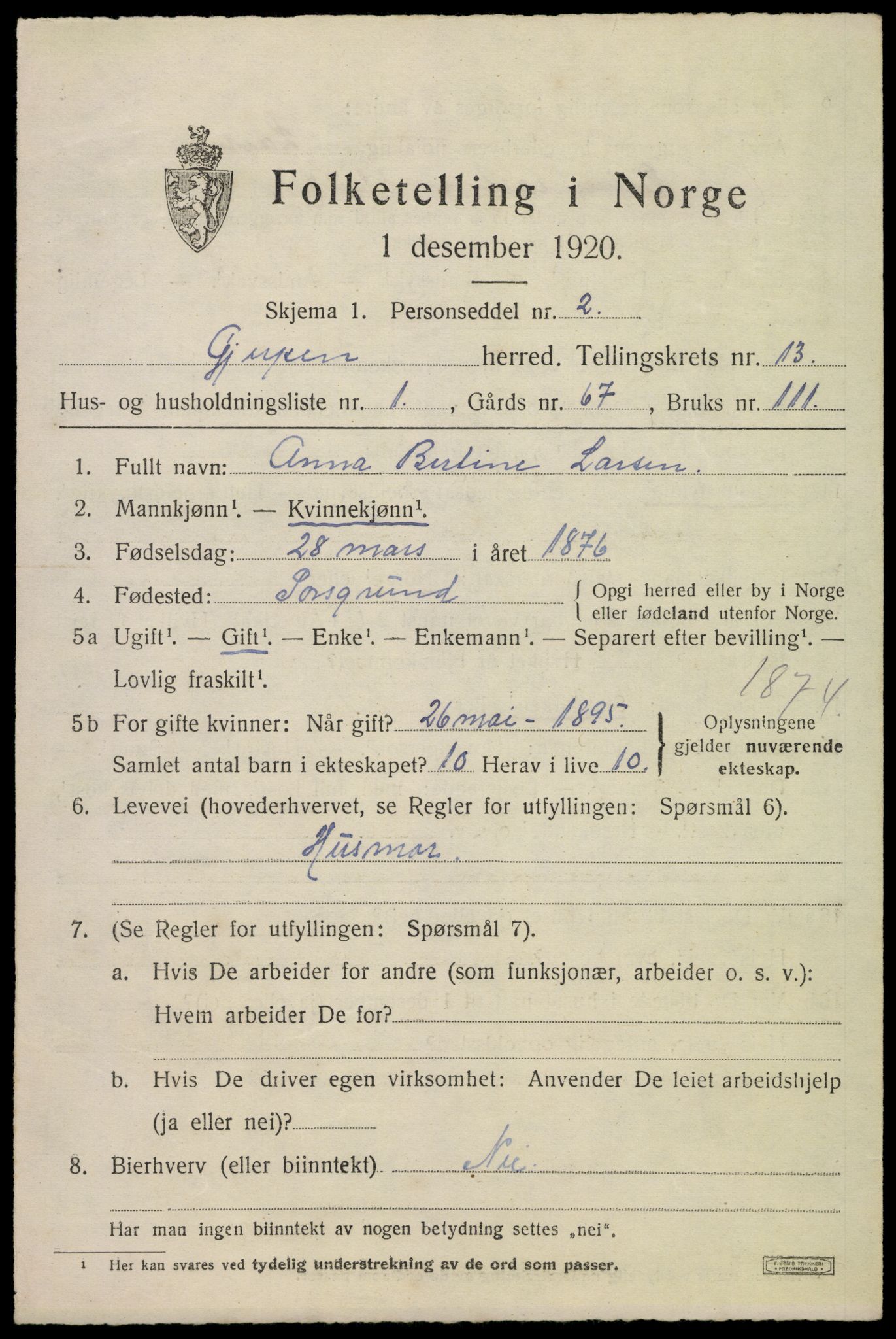 SAKO, 1920 census for Gjerpen, 1920, p. 14034