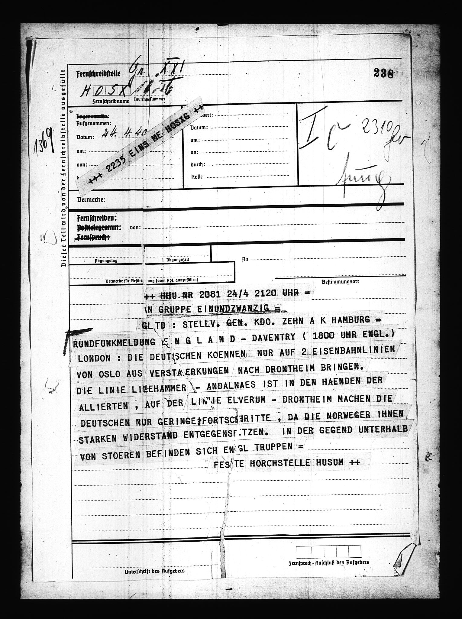 Documents Section, AV/RA-RAFA-2200/V/L0085: Amerikansk mikrofilm "Captured German Documents".
Box No. 724.  FKA jnr. 615/1954., 1940-1941, p. 10