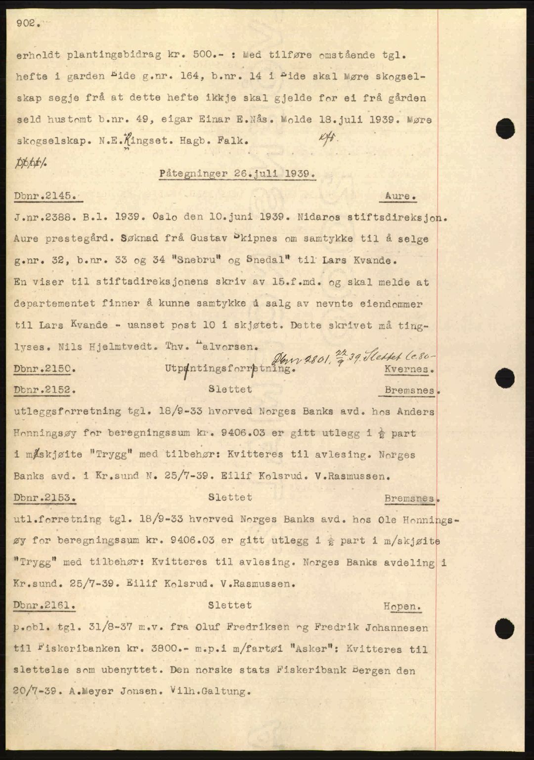 Nordmøre sorenskriveri, AV/SAT-A-4132/1/2/2Ca: Mortgage book no. C80, 1936-1939, Diary no: : 2145/1939