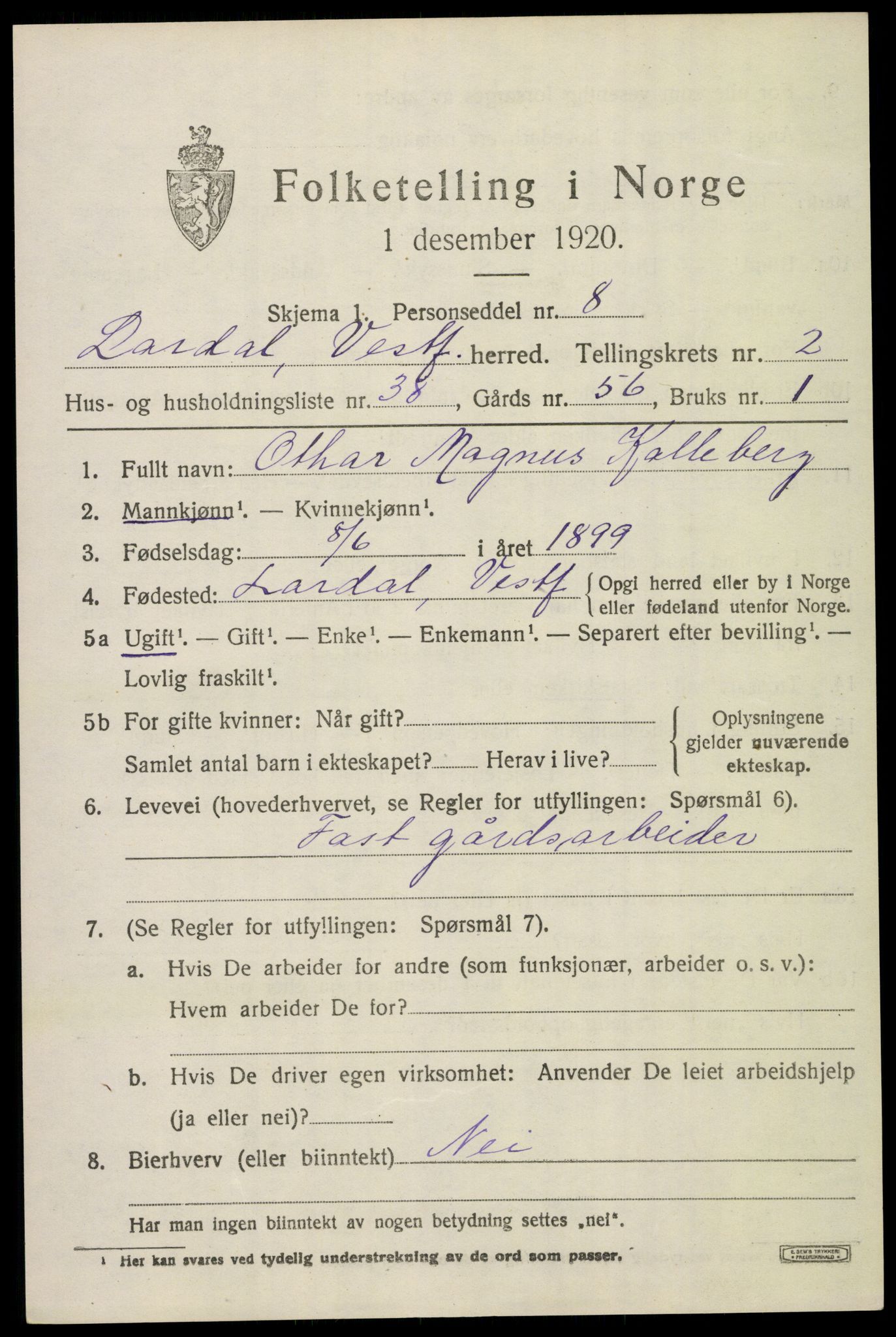 SAKO, 1920 census for Lardal, 1920, p. 2375