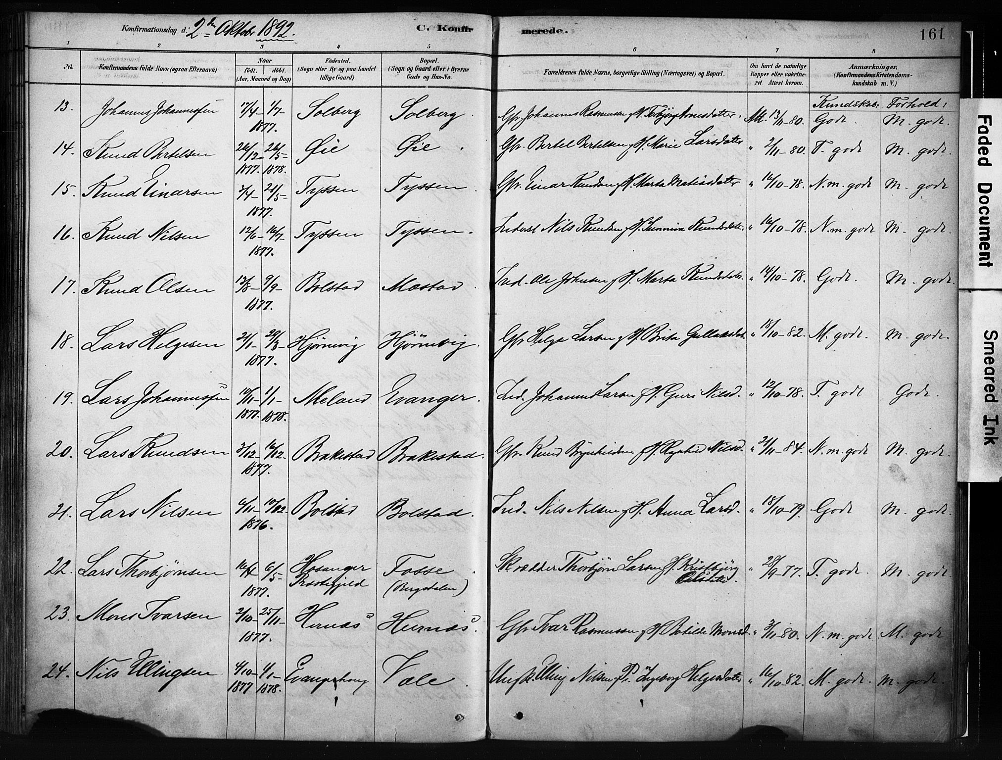 Evanger sokneprestembete, SAB/A-99924: Parish register (official) no. A 1, 1877-1899, p. 161