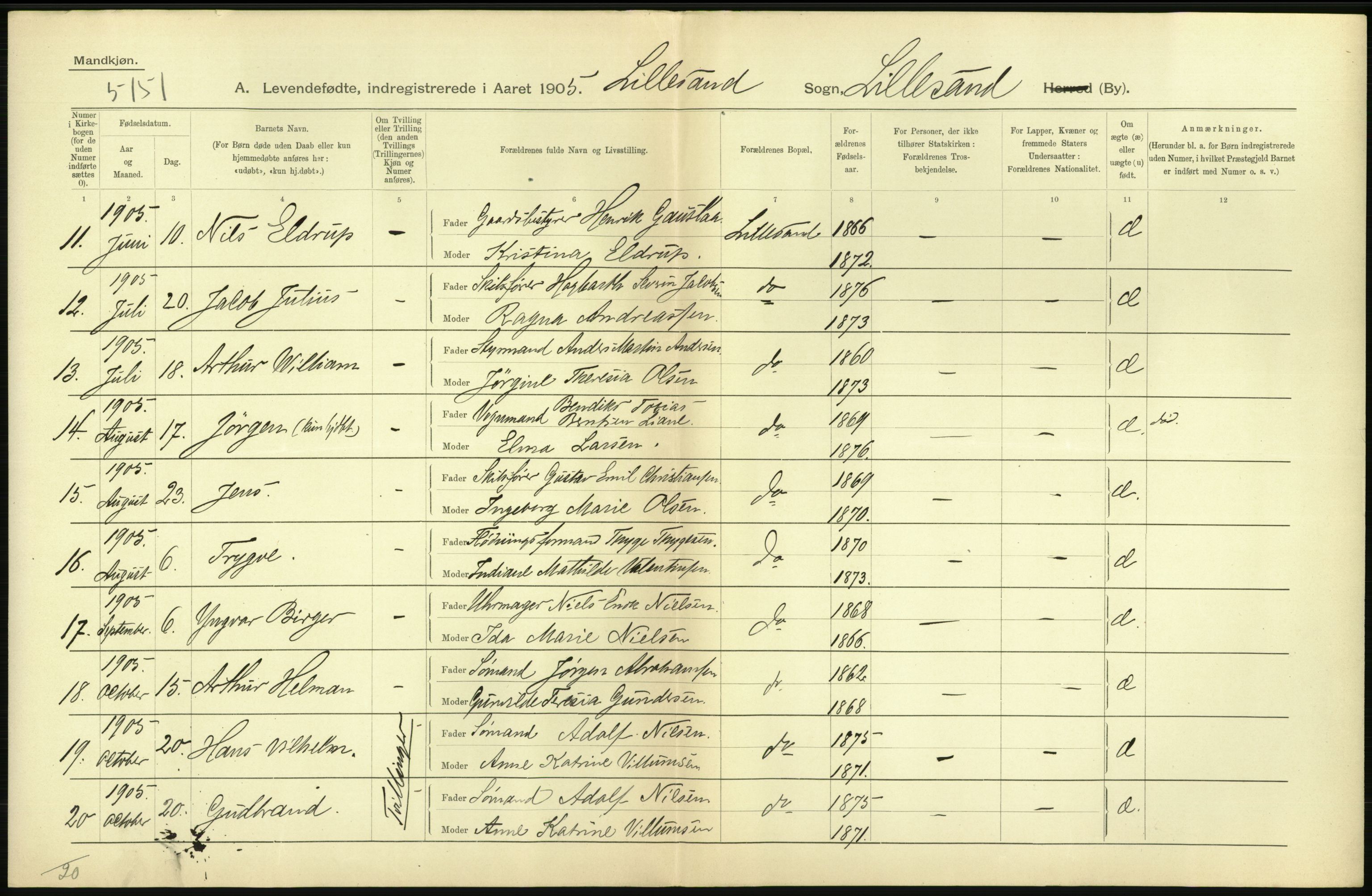 Statistisk sentralbyrå, Sosiodemografiske emner, Befolkning, AV/RA-S-2228/D/Df/Dfa/Dfac/L0043: Bratsberg - Lister og Mandals amt: Levendefødte menn og kvinner, gifte, døde, dødfødte. Byer., 1905, p. 412