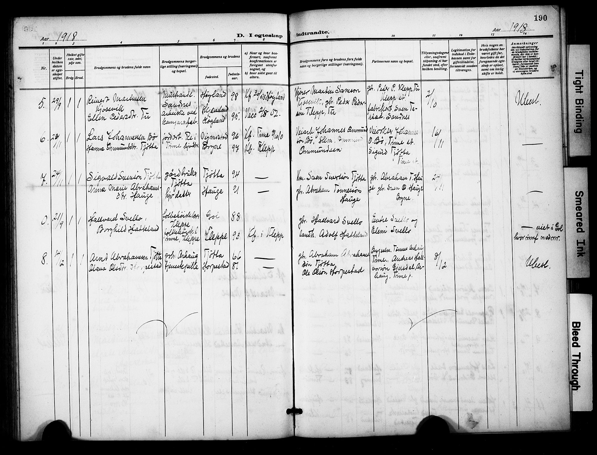 Klepp sokneprestkontor, AV/SAST-A-101803/001/3/30BB/L0007: Parish register (copy) no. B 7, 1908-1934, p. 190