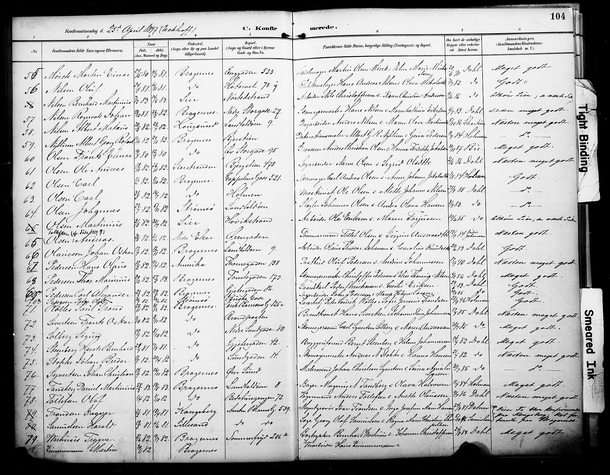 Bragernes kirkebøker, AV/SAKO-A-6/F/Fc/L0006: Parish register (official) no. III 6, 1888-1899, p. 104