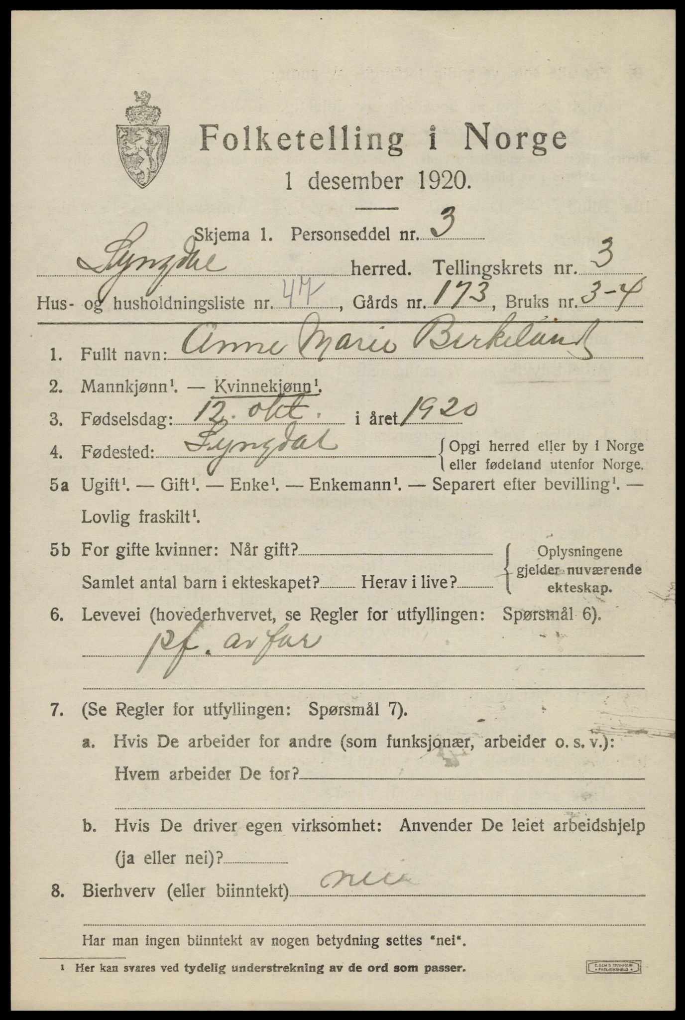 SAK, 1920 census for Lyngdal, 1920, p. 2297