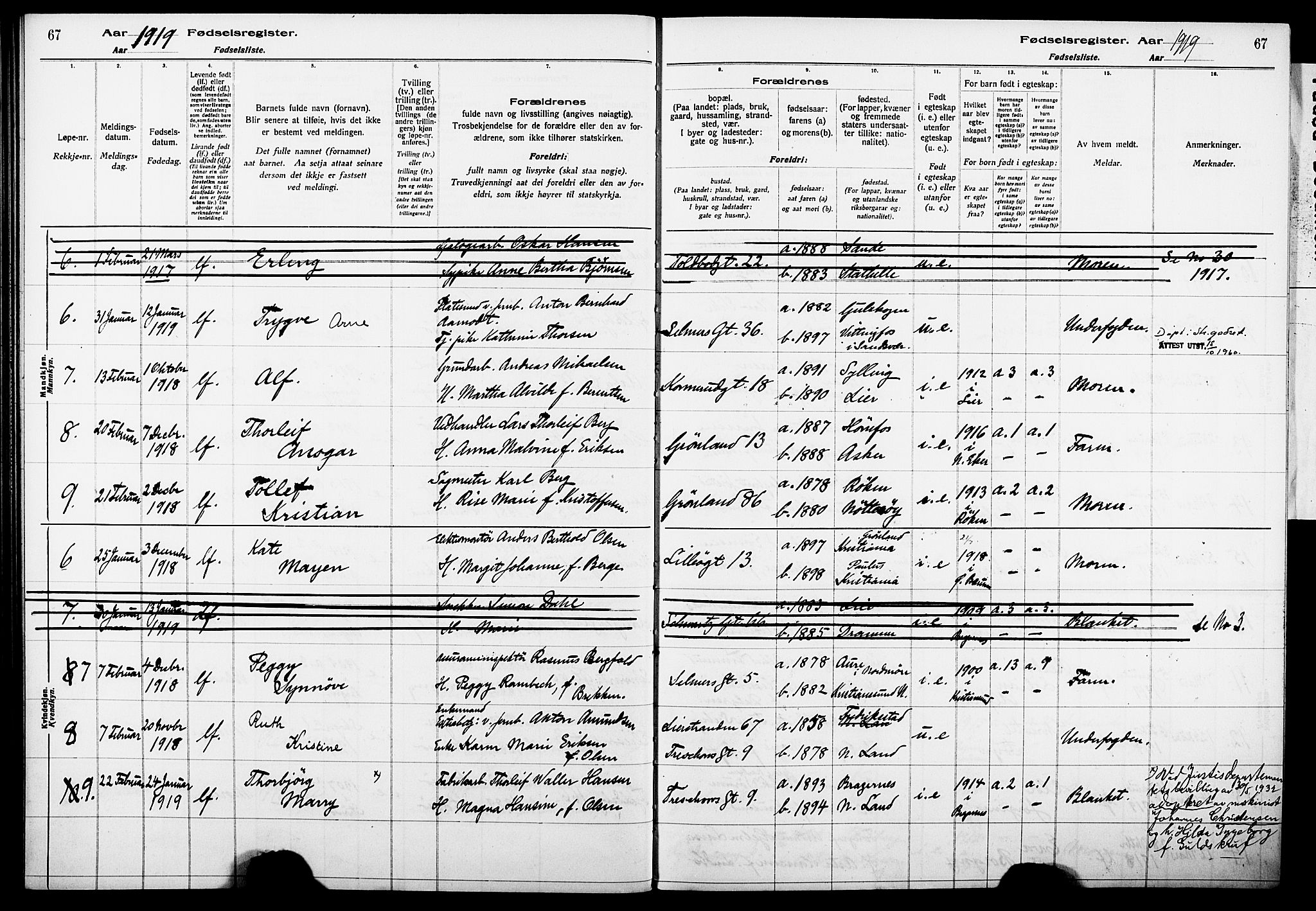 Strømsø kirkebøker, AV/SAKO-A-246/J/Ja/L0001: Birth register no. I 1, 1916-1925, p. 67