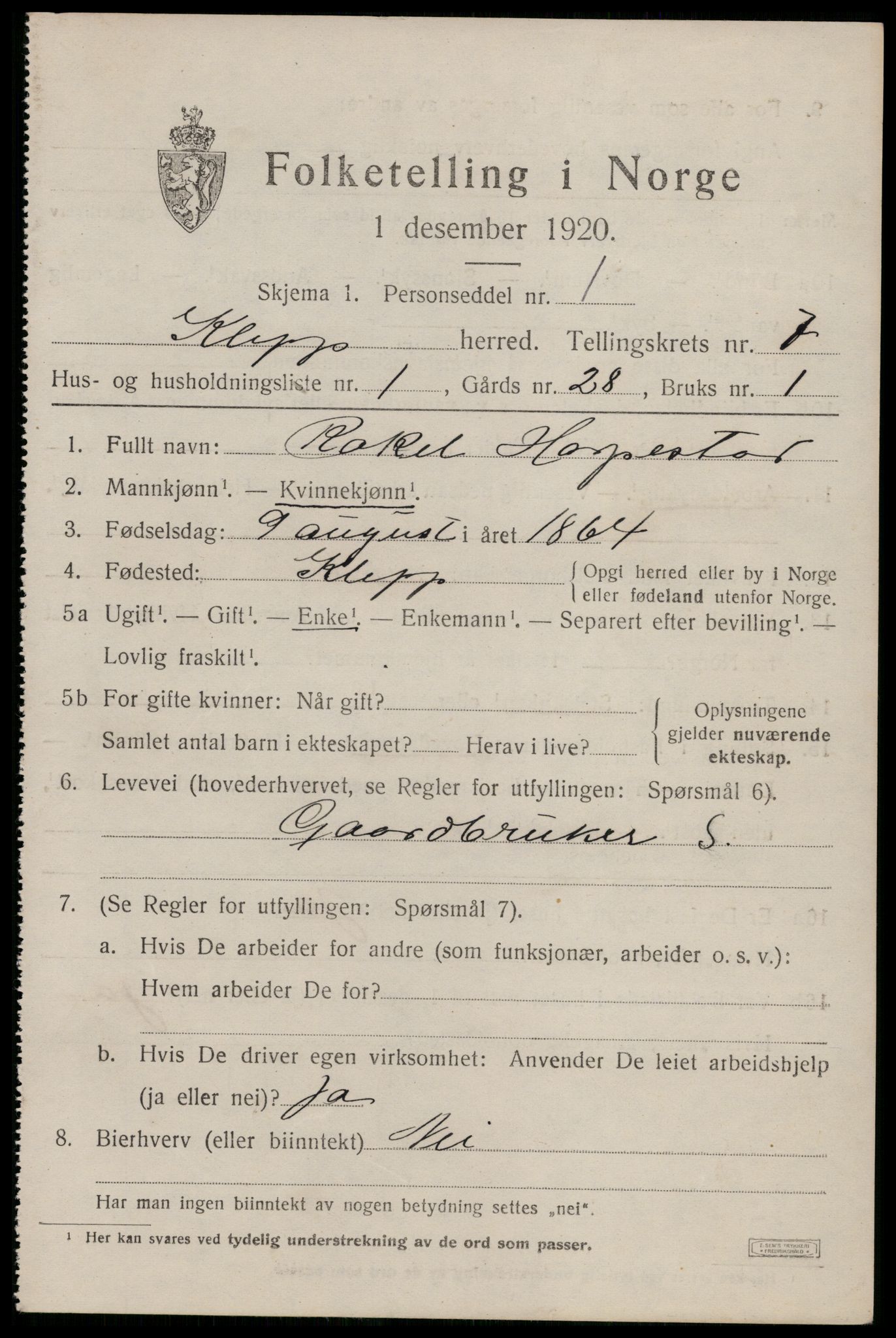 SAST, 1920 census for Klepp, 1920, p. 6574