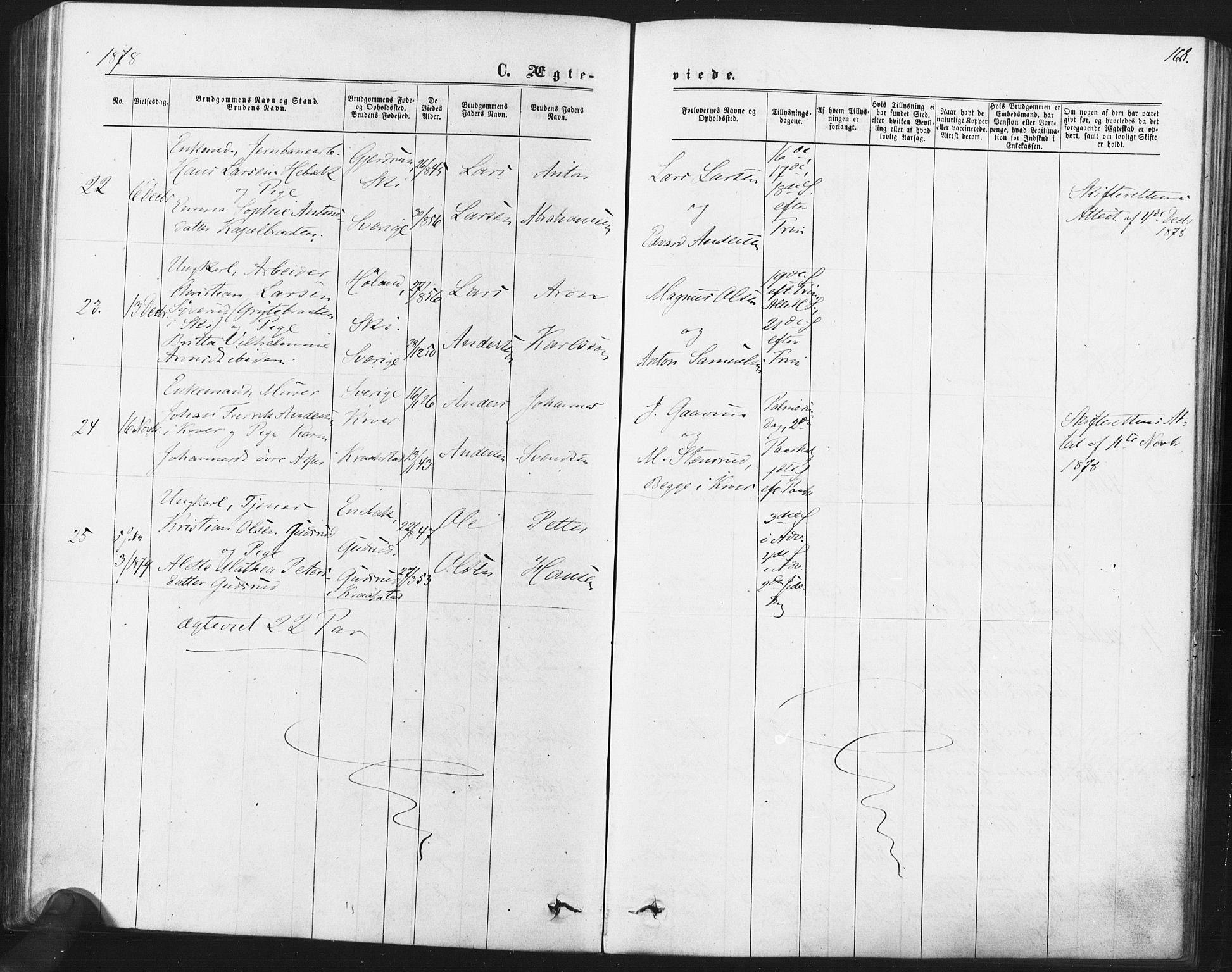 Kråkstad prestekontor Kirkebøker, AV/SAO-A-10125a/F/Fa/L0008: Parish register (official) no. I 8, 1870-1879, p. 168