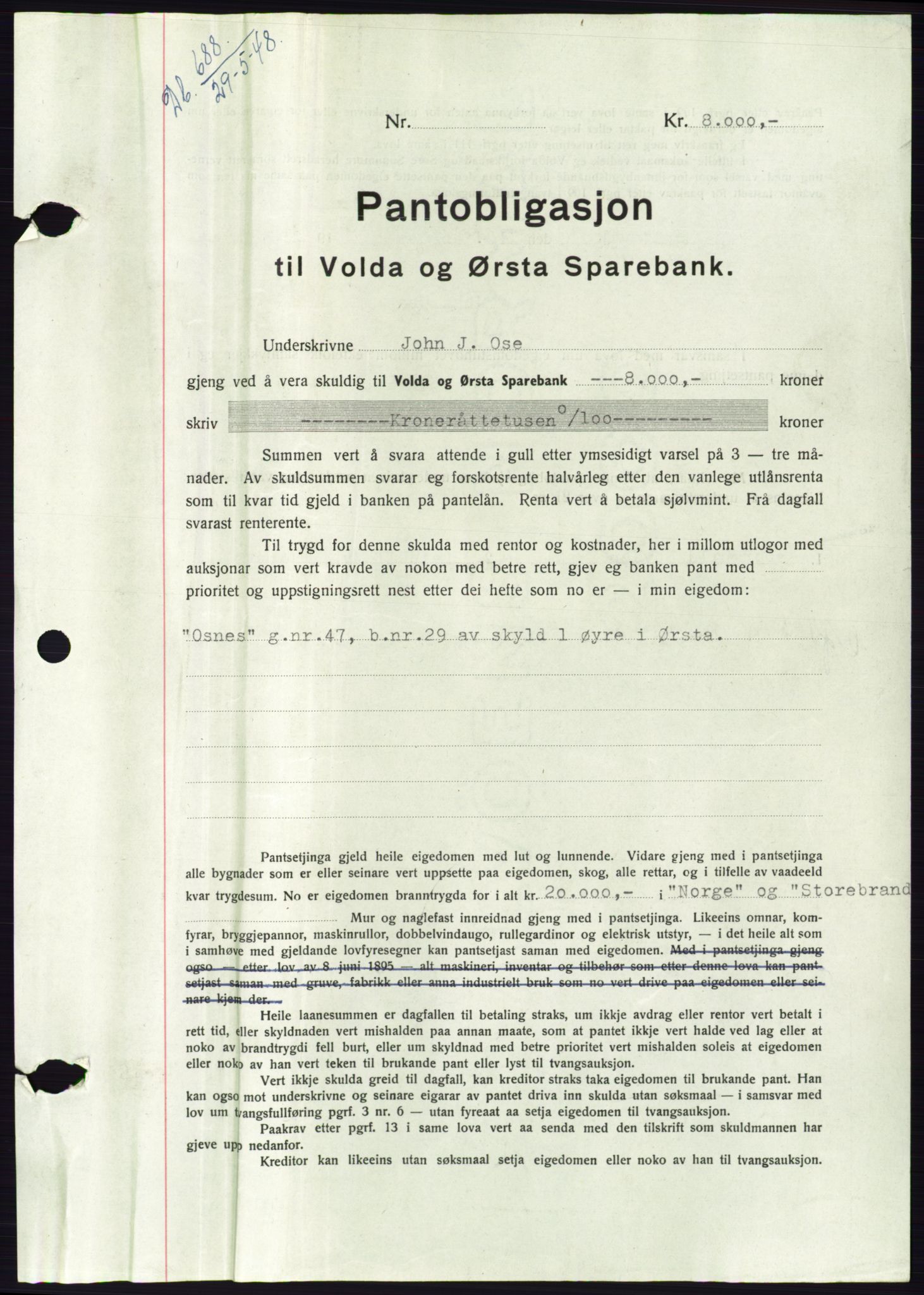 Søre Sunnmøre sorenskriveri, AV/SAT-A-4122/1/2/2C/L0116: Mortgage book no. 4B, 1948-1949, Diary no: : 688/1948