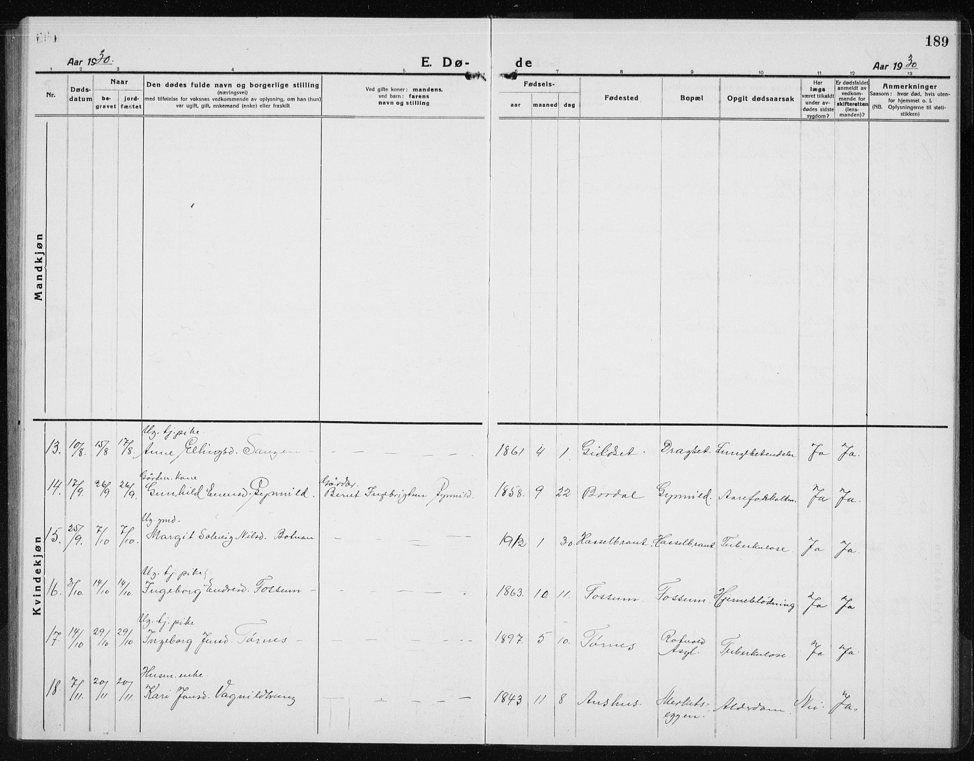 Ministerialprotokoller, klokkerbøker og fødselsregistre - Sør-Trøndelag, SAT/A-1456/689/L1045: Parish register (copy) no. 689C04, 1923-1940, p. 189