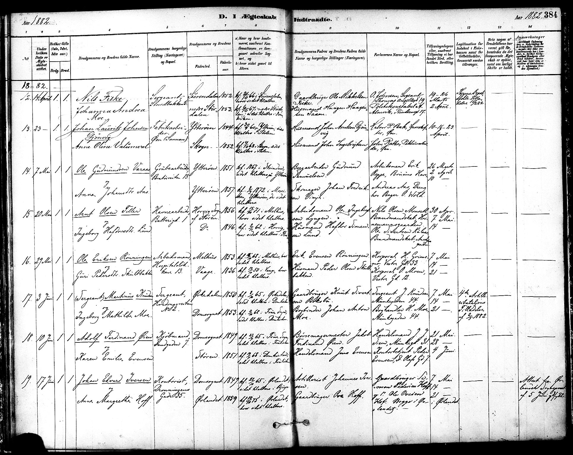 Ministerialprotokoller, klokkerbøker og fødselsregistre - Sør-Trøndelag, SAT/A-1456/601/L0058: Parish register (official) no. 601A26, 1877-1891, p. 384