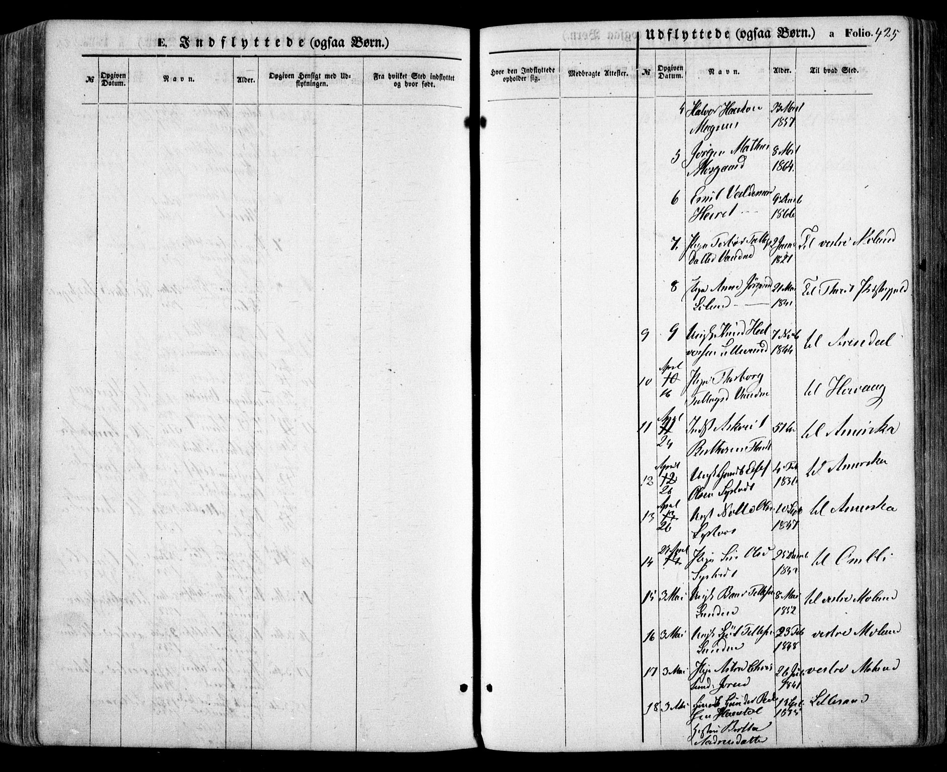 Evje sokneprestkontor, SAK/1111-0008/F/Fa/Faa/L0006: Parish register (official) no. A 6, 1866-1884, p. 425