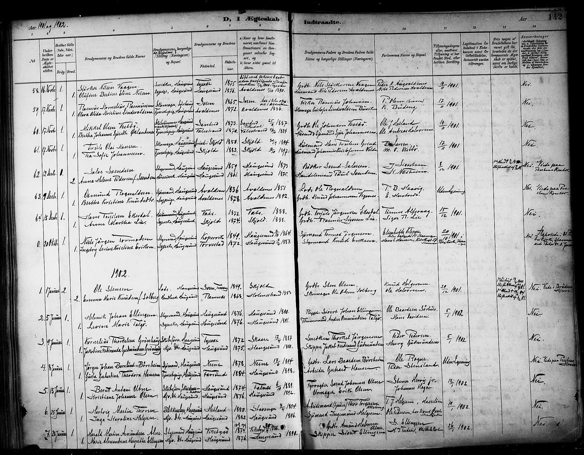 Haugesund sokneprestkontor, AV/SAST-A -101863/H/Ha/Haa/L0005: Parish register (official) no. A 5, 1891-1903, p. 142