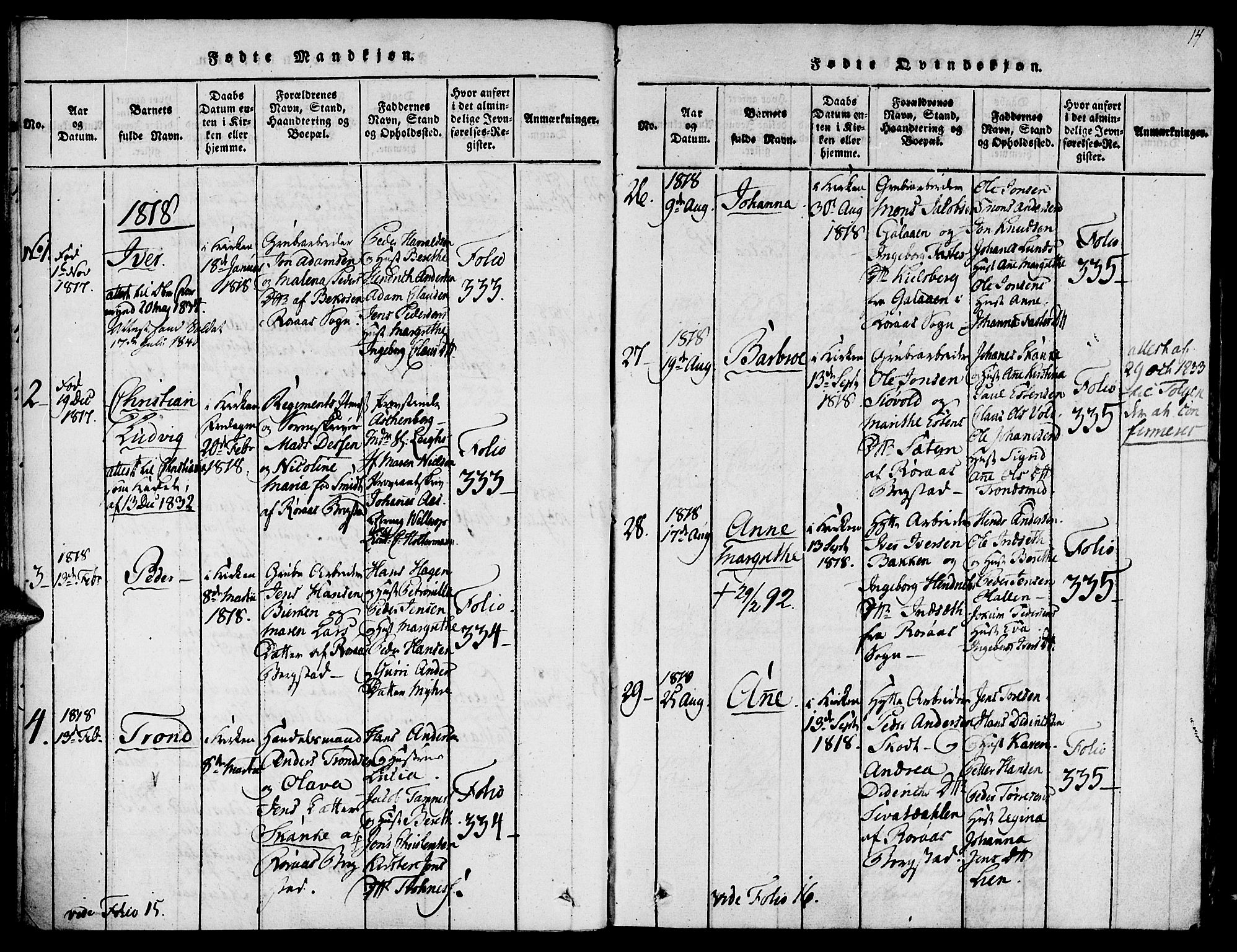 Ministerialprotokoller, klokkerbøker og fødselsregistre - Sør-Trøndelag, SAT/A-1456/681/L0929: Parish register (official) no. 681A07, 1817-1828, p. 14