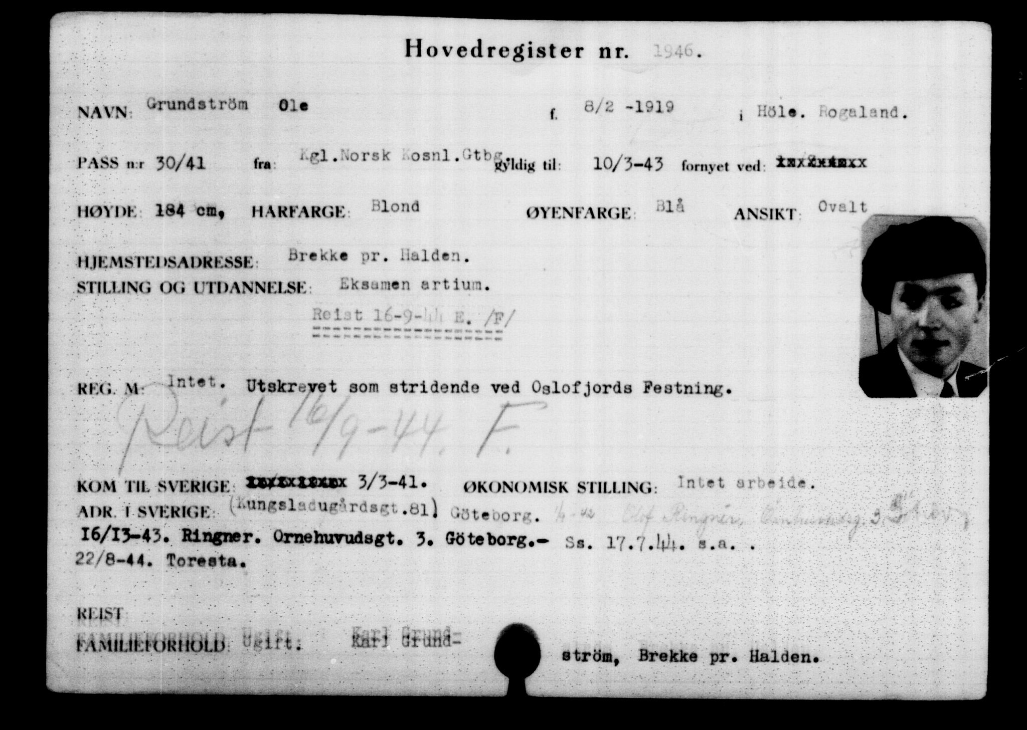 Den Kgl. Norske Legasjons Flyktningskontor, RA/S-6753/V/Va/L0002: Kjesäterkartoteket.  Flyktningenr. 1001-2000, 1940-1945, p. 1346