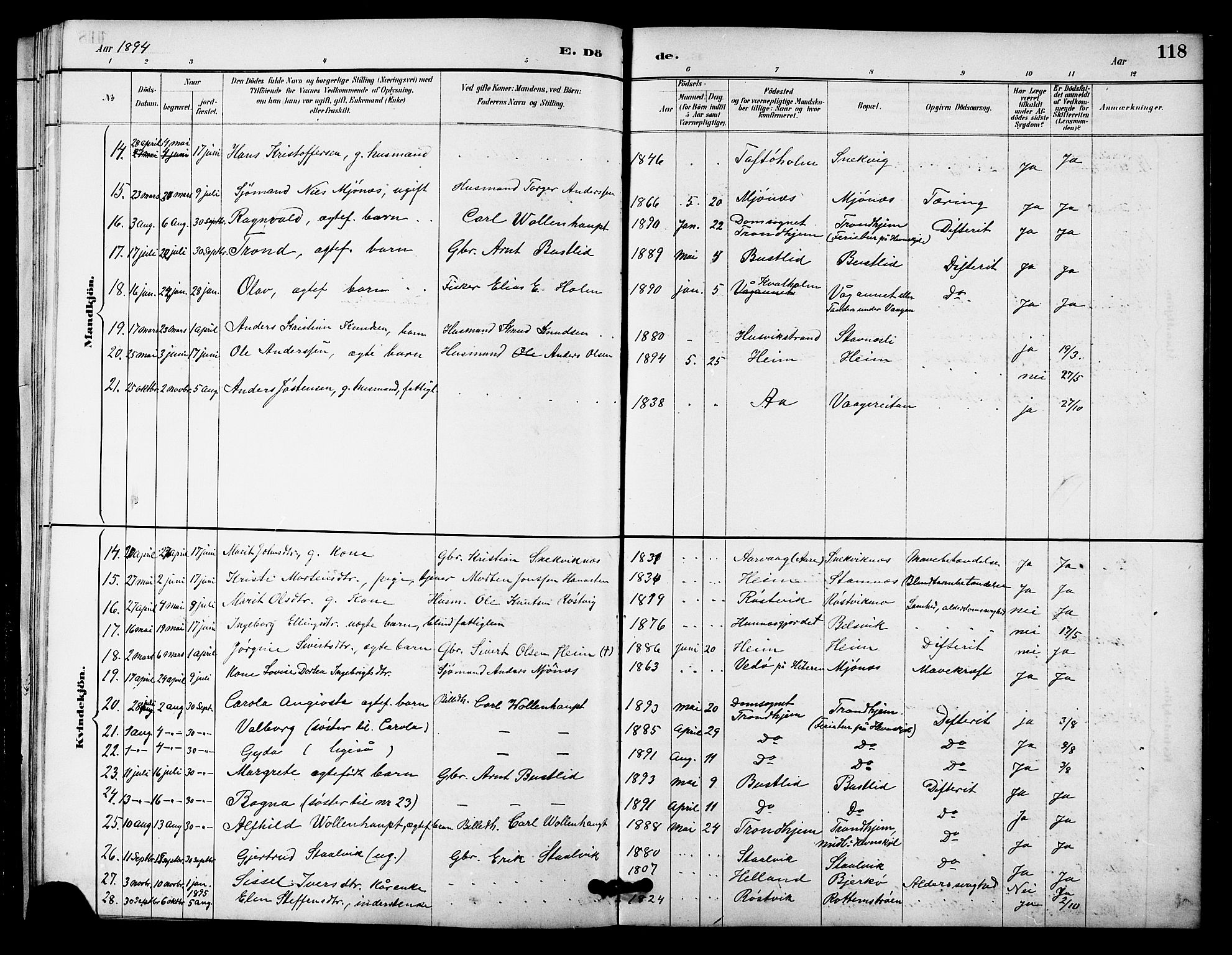 Ministerialprotokoller, klokkerbøker og fødselsregistre - Sør-Trøndelag, SAT/A-1456/633/L0519: Parish register (copy) no. 633C01, 1884-1905, p. 118
