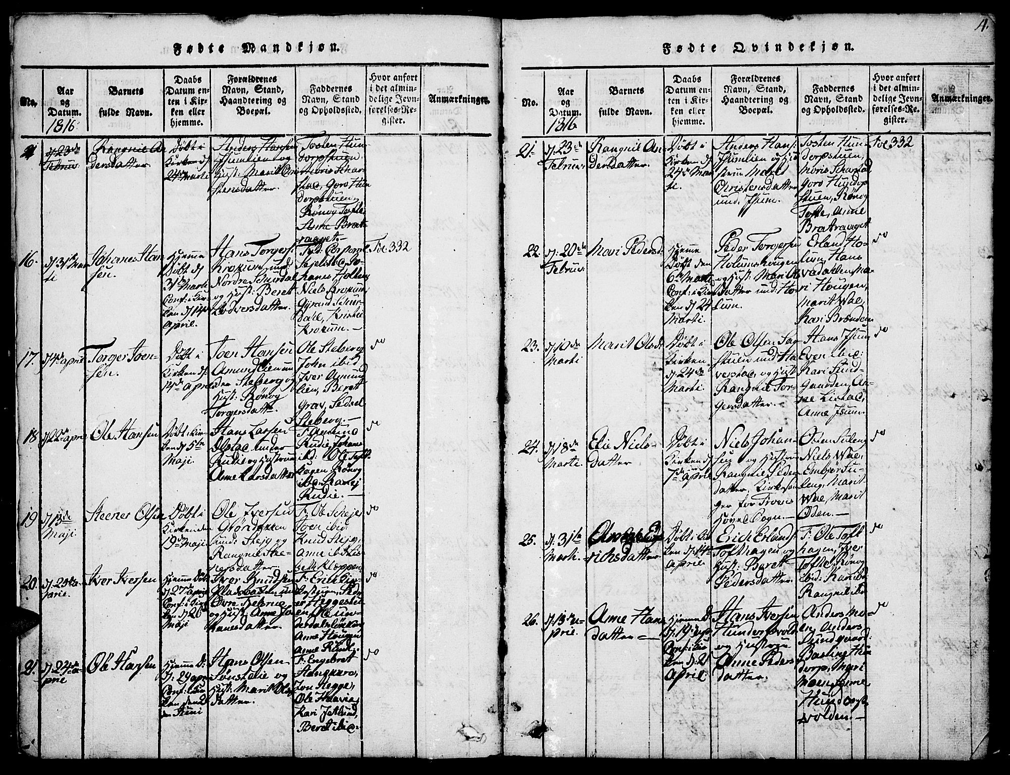 Fron prestekontor, SAH/PREST-078/H/Ha/Hab/L0001: Parish register (copy) no. 1, 1816-1843, p. 4