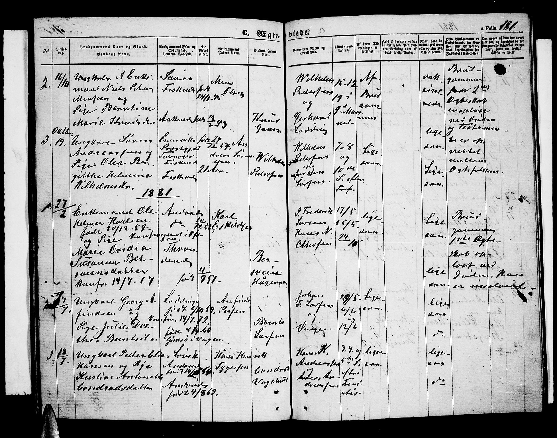 Ministerialprotokoller, klokkerbøker og fødselsregistre - Nordland, SAT/A-1459/899/L1447: Parish register (copy) no. 899C02, 1855-1886, p. 181