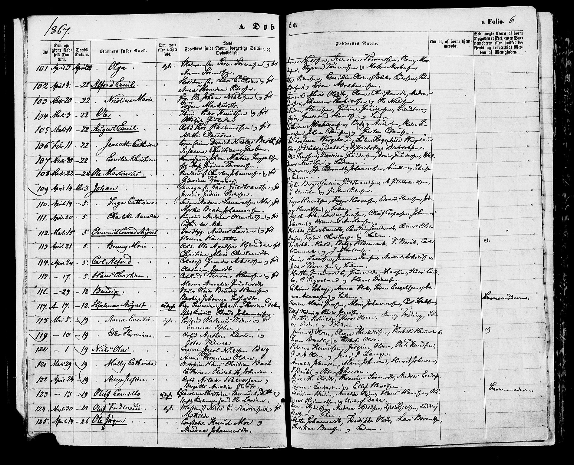 Kristiansand domprosti, SAK/1112-0006/F/Fa/L0015: Parish register (official) no. A 15, 1867-1880, p. 6