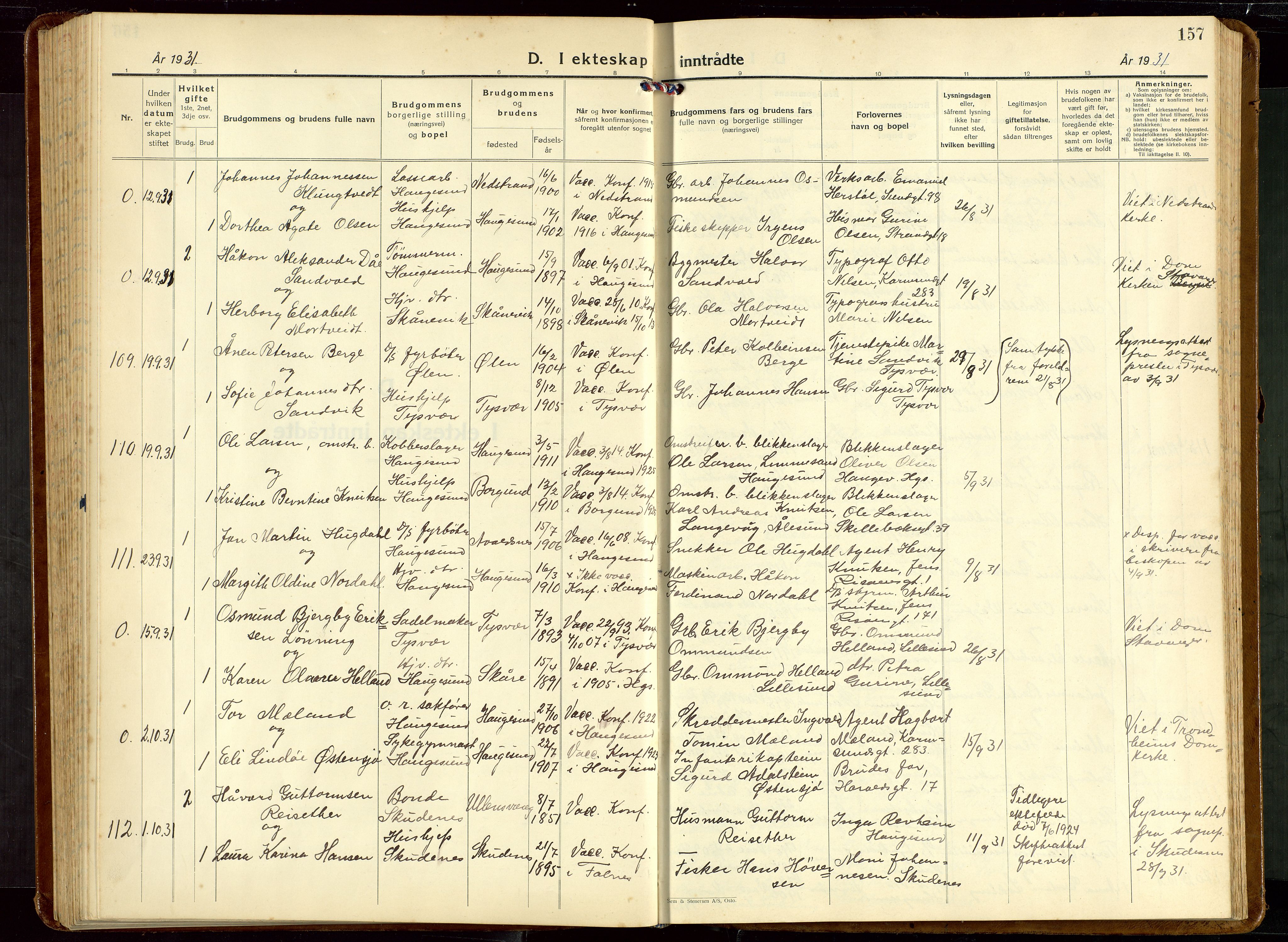 Haugesund sokneprestkontor, SAST/A -101863/H/Ha/Hab/L0013: Parish register (copy) no. B 13, 1931-1943, p. 157