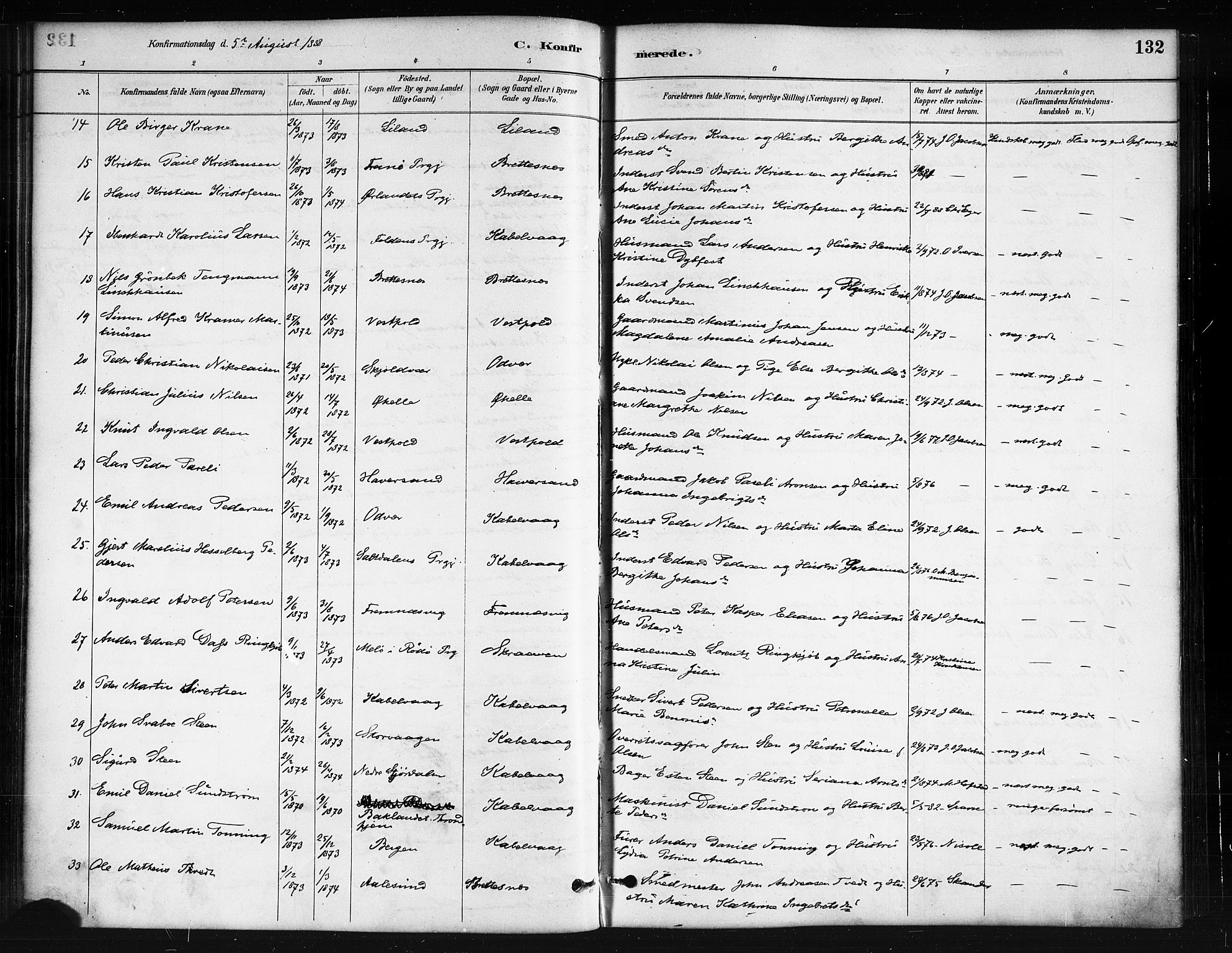 Ministerialprotokoller, klokkerbøker og fødselsregistre - Nordland, AV/SAT-A-1459/874/L1059: Parish register (official) no. 874A03, 1884-1890, p. 132