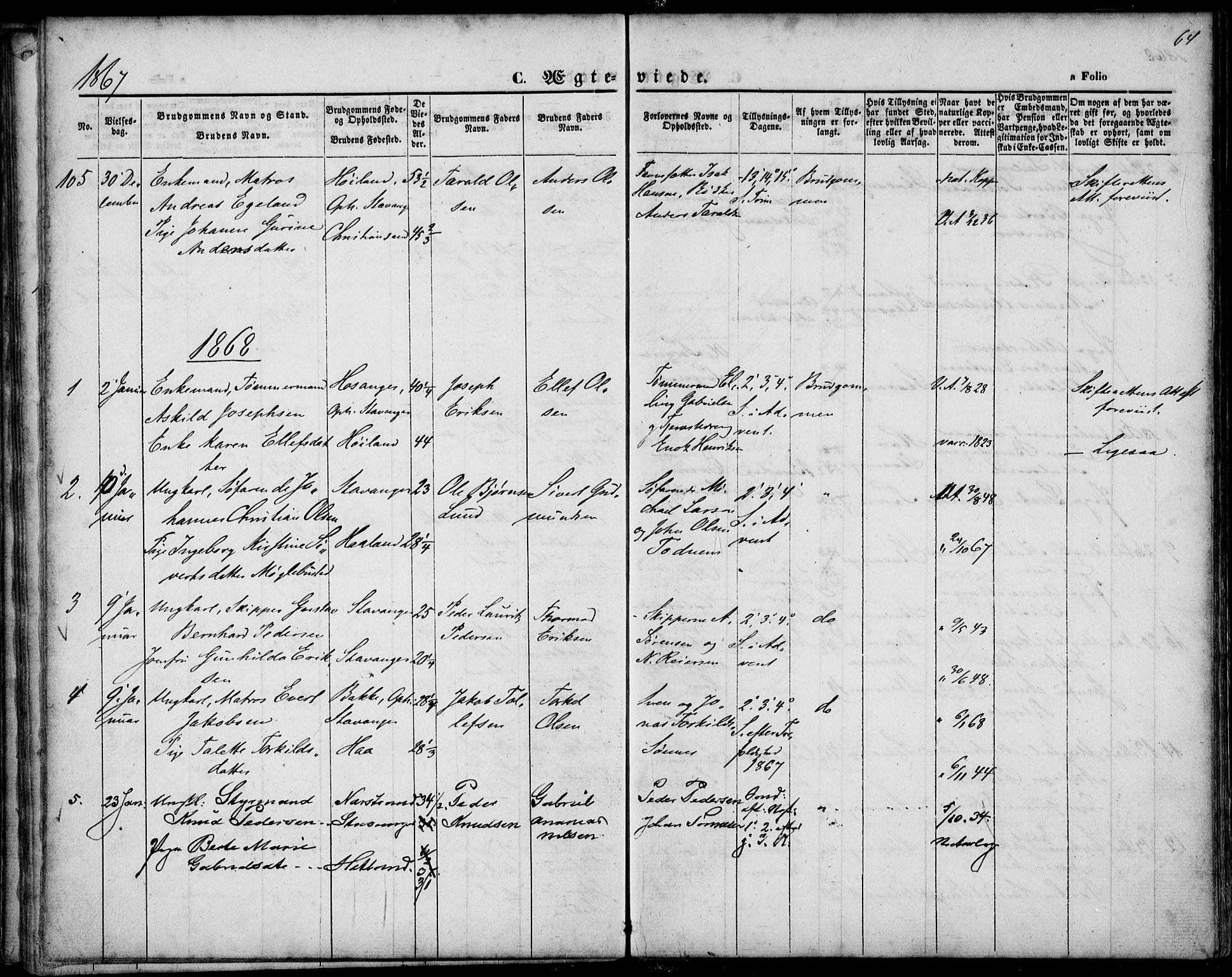 St. Petri sokneprestkontor, AV/SAST-A-101813/001/30/30BA/L0002: Parish register (official) no. A 2, 1861-1869, p. 64